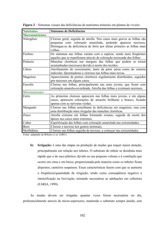 Figura 2 – Sintomas visuais das deficiências de nutrientes minerais em plantas de viveiro. 
Nutrientes Sintomas de Deficiências 
Macronutrientes 
Nitrogênio Clorose geral, seguida de atrofia. Nos casos mais graves as folhas são 
pequenas com coloração amarelada, podendo aparecer necroses. 
Distingue-se da deficiência de ferro por afetar primeiro as folhas mais 
velhas. 
Fósforo Os sintomas nas folhas variam com a espécie, sendo mais freqüentes 
aqueles que se manifestam através de coloração arroxeada das folhas. 
Potássio Manchas cloróticas nas margens das folhas que podem se tornar 
acastanhadas (necroses) devido à morte dos tecidos. 
Cálcio Atrofiamento do crescimento, tanto da parte aérea como do sistema 
radicular. Queimaduras e cloroses nas folhas mais novas. 
Magnésio Aparecimento de pontos cloróticos regularmente distribuídos, seguidos 
por necroses em alguns casos. 
Enxofre Clorose nas folhas, principalmente nas mais jovens, que ficam com 
coloração amarela-esverdeada. Atrofia das folhas e eventuais necroses. 
Micronutrientes 
Ferro As primeiras cloroses aparecem nas folhas mais jovens, e em alguns 
casos, aparecem colorações de amarelo brilhante a branco, ficando 
apenas com as nervuras verdes. 
Manganês Clorose nas folhas semelhante às deficiências em magnésio, mas com 
uma distribuição mais irregular das manchas cloróticas. 
Zinco Atrofia extrema em folhas formando rosetas, seguida da morte dos 
ápices nos casos mais extremos. 
Cobre Espirilização das folhas com coloração amarelada nas extremidades. 
Boro Clorose e necrose nos gomos terminais. 
Molibdênio Clorose nas folhas seguida de necrose, a começar nas extremidades. 
Fonte: adaptado de Ribeiro et al. (2001). 
b) Irrigação: é uma das etapas na produção de mudas que requer maior atenção, 
principalmente em relação aos tubetes. O substrato do tubete se desidrata mais 
rápido que o do saco plástico, devido ao seu pequeno volume e à ventilação que 
ocorre em cima e em baixo, proporcionada pela maneira como os tubetes ficam 
dispostos, canteiros suspensos. Essas características fazem com que se aumente 
a freqüência/quantidade de irrigação, tendo como conseqüência negativa a 
intensificação na lixiviação, tornando necessárias as adubações em cobertura 
(FARIA, 1999). 
As mudas devem ser irrigadas quantas vezes forem necessárias no dia, 
preferencialmente através de micro-aspersores, mantendo o substrato sempre úmido, sem 
102 
 