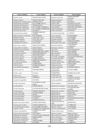 Nome Científico Nome Popular Nome Científico Nome Popular 
Annona cacans ARATICUM-CAGÃO Eugenia involucrata 
126 
CEREJA-DO-RIO-GRANDE 
Annona corIacea ARATICUM-LISO Eugenia pyriformis UVAIA 
Aspidosperma cylindrocarpon PEROBA-POCA Eugenia uniflora PITANGA 
Aspidosperma parvifolium GUATAMBU-OLIVA Euterpe edulis PALMITO-JUÇARA 
Aspidosperma polyneuron PEROBA-ROSA Ficus guaranítica FIGUEIRA-BRANCA 
Aspidosperma ramiflorum GUATAMBU-AMARELO Ficus insípida FIGUEIRA-DO-BREJO 
Aspidosperma subincanum GUATAMBU-VERMELHO Gallesia integrifolia PAU-D'ALHO 
Astronium graveolens GUARITÁ Genipa americana JENIPAPO 
MARMELEIRO-DO-CAMPO 
Austroplenckia populnea 
Gochnatia polymorpha CANDEIA 
Balfourodendron riedelianum PAU-MARFIM Guarea guidonia MARINHEIRO 
Bauhinia forficata UNHA-DE-VACA Guarea kunthiana CANJAMBO 
Bauhinia longifolia PATA-DE-VACA Guazuma ulmifolia MUTAMBO 
Cabralea canjerana CANJARANA Helietta apiculata OSSO-DE-BURRO 
Calophyllum brasiliensis GUANANDI Heliocarpus americanus ALGODOEIRO 
ALECRIM-DE-CAMPINAS 
Calycorectes acutatus ARAÇÁ-DA-SERRA Holocalyx balansae 
Calyptranthes clusiifolia ARAÇARANA Hymenaea courbaril JATOBÁ 
Camponesia guazumaefolia SETE-CAPOTES Inga edulis INGÁ-DE-METRO 
Carica quercifolia MAMOEIRO-DO-CAMPO Inga laurina INGÁ-MIRIM 
Cariniana estrellensis JEQUITIBÁ-BRANCO Inga marginata INGÁ-FEIJÃO 
Cariniana legalis JEQUITIBÁ-ROSA Inga urugensis INGÁ-DO-BREJO 
Casearia sylvestris GUAÇATONGA Jacaranda cuspidifolia JACARANDÁ-BRANCO 
Cassia ferruginea CASSIA-FÍSTULA Jacaranda micrantha CAROBA 
Cecropia hololeuca EMBAÚBA-BRANCA Jacaratia spinosa JARACATIÁ 
Cecropia pachystachia EMBAÚBA Lafoensia glyptocarpa MIRINDIBA-ROSA 
Cedrela fissilis CEDRO-ROSA Lafoensia pacari DEDALEIRO 
Cedrela odorata CEDRO-DO-BREJO Lamanonia ternata GUAPERÊ 
Centrolobium tomentosum ARARIBÁ Lithraea molleoides AROEIRA-BRAVA 
Chorisia speciosa PAINEIRA-ROSA 
Lonchocarpus 
guilleminianus 
FALSO-TIMBÓ 
Clethra scabra CAJUZA 
Lonchocarpus 
muehlbergirnus 
EMBIRA-DE-SAPO 
Clusia criuva CLUSIA Lonchocarpus sp TIMBÓ 
Colubrina glandulosa SOBRASIL Luehea divaricata AÇOITA-CAVALO 
Copaifera langsdorffii COPAÍBA Luehea grandiflora 
AÇOITA-CAVALO 
GRAUDA 
Cordia eucalyculata 
CLARAÍBA (Café-de-bugre) 
Mabea fistulifera MAMONA-DO-MATO 
Cordia glabrata LOURO-PRETO Machaerium aculeatum PAU-DE-ANGÚ 
Cordia sellowiana CHÁ-DE-BUGRE (Jurutê) Machaerium acutifolium 
JACARANDÁ-DO-CAMPO 
Cordia superba BABOSA-BRANCA Machaerium nyctitans BICO-DE-PATO 
Cordia trichotoma LOURO-PARDO Machaerium sp SAPUVÃO 
Coutarea hexandra QUINA Machaerium sp SAPUVINHA 
Croton floribundus CAPIXINGUI Machaerium stipitatum SAPUVA 
Croton piptocalyx CAIXETA Machaerium villosum JACARANDÁ-PAULISTA 
Croton urucurana SANGRA-D'ÁGUA Maclura tinctoria TAIÚVA 
Cryptocarya aschersoniana CANELA-BATALHA 
Maprounea guianensis 
Aubl 
BONIFÁCIO 
Cryptocarya moschata CANELA-MOSCATA Matayba elaegnoides CAMBOATÁ 
Crysophyllum gonocarpum GUATAMBÚ-DE-SAPO Maytenus robusta CAFEZINHO 
Cupania vernalis CAMBOATÃ-VERMELHO Miconia cinnamomifolia JACATIRÃO 
CAROBA-DA-FLOR-VERDE 
Cybistax antisyphilitica 
Mimosa bimucronata MARICÁ 
Cytharexyllum myrianthum PAU-VIOLA Mimosa scrabella BRACATINGA 
Dalbergia miscolobium CAVIÚNA-DO-CERRADO Myracrodruon urundeuva AROEIRA-PRETA 
Dendropanax cuneatum MARIA-MOLE Myrcia tomentosa GOIABA-BRAVA 
Dictyoloma vandellianum TINGUI Myrciaria cauliflora JABOTICABA 
Dilodendron bipinnatum MARIA-POBRE Myrciaria tenella CAMBUÍ 
Dimorphandra mollis FAVEIRO Myroxylon peruiferum CABREÚVA 
 