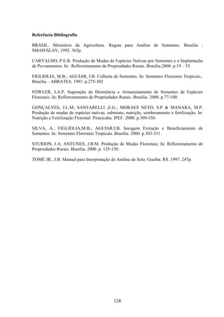 128 
Referência Bibliografia 
BRASIL. Ministério da Agricultura. Regras para Análise de Sementes. Brasília : 
SMAD/SLAV, 1992. 365p. 
CARVALHO, P.E.R. Produção de Mudas de Espécies Nativas por Sementes e a Implantação 
de Povoamentos. In: Reflorestamento de Propriedades Rurais. Brasília.2000. p.19 – 55. 
FIGLIOLIA, M.B.; AGUIAR, I.B. Colheita de Sementes. In: Sementes Florestais Tropicais.. 
Brasília – ABRATES. 1993. p.275-302 
FOWLER, J.A.P. Superação de Dormência e Armazenamento de Sementes de Espécies 
Florestais. In: Reflorestamento de Propriedades Rurais. Brasília. 2000. p.77-100. 
GONÇALVES, J.L.M; SANTARELLI ,E.G.; MORAES NETO, S.P & MANARA, M.P. 
Produção de mudas de espécies nativas: substrato, nutrição, sombreamento e fertilização. In: 
Nutrição e Fertilização Florestal. Piracicaba. IPEF. 2000. p.309-350. 
SILVA, A.; FIGLIOLIA,M.B.; AGUIAR;I.B. Secagem Extração e Beneficiamento de 
Sementes. In: Sementes Florestais Tropicais. Brasília. 2000. p.303-331. 
STURION, J.A; ANTUNES, J.B.M. Produção de Mudas Florestais; In: Reflorestamento de 
Propriedades Rurais. Brasília. 2000. p. 125-150. 
TOMÉ JR., J.B. Manual para Interpretação de Análise de Solo. Guaíba. RS. 1997. 247p. 
