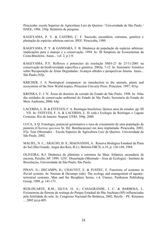 Piracicaba: escola Superior de Agricultura Luiz de Queiroz / Universidade de São Paulo / 
DAEE, 1986. 236p. Relatório de pesquisa. 
KAGEYAMA, P. Y. & CASTRO, C. F. Sucessão secundária, estrutura, genética e 
plantação de espécies arbóreas nativas. IPEF. Piracicaba, 1989. 
KAGEYAMA, P. Y. & GANDARA, F. B. Dinâmica de população de espécies arbóreas: 
implicações para o manejo e a conservação. 1994. In: III Simpósio de Ecossistemas da 
Costa Brasileira. Anais... vol. 2, p.1-9. 
KAGEYAMA, P.Y. Reflexos e potenciais da resolução SMA-21 de 21/11/2001 na 
conservação da biodiversidade específica e genética. 2003p. 7-12. In: Seminário Temático 
sobre Recuperação de Áreas Degradadas: Avanços obtidos e perspectivas futuras. Anais... 
São Paulo,165p. 
KRICHER, J. A Neotropical companion: an introduction to the animals, plants and 
ecosystems of the New World tropics. Princeton Univerty Press. Princeton. 1997, 451p. 
KRONKA, F. J. N. Áreas de domínio de cerrado do Estado de São Paulo. 1998. In: Atlas 
das unidades de conservação ambiental do Estado de São Paulo, Secretaria do Estado do 
Meio Ambiente, 2000. 64p. 
LACERDA, L. D. & ESTEVES, F. A. Restingas brasileiras: Quinze anos de estudos. pp. III 
– VII. In: ESTEVES, F. A. & LACERDA, L. D. (eds.) Ecologia de Restingas e Lagoas 
Costeiras. Rio de Janeiro: Nupem/ UFRJ. 394p. 2000. 
LUCA, A Q. Fenologia, potencial germinativo e taxa de cruzamento de uma população de 
paineira (Chorisia speciosa St. Hil. Bombacaceae) em área implantada. Piracicaba, 2002, 
87p. Tese (Mestrado) – Escola Superior de Agricultura Luiz de Queiroz. Universidade de 
São Paulo. 2002. 
MACIEL, N. C., ARAÚJO, D. S.; MAGNANINI, A . Reserva Biológica Estadual da Praia 
do Sul (Ilha Grande, Angra dos Reis, R.J.). Boletim FBCN, n.19, p. 126-148, 1984. 
OLIVEIRA, R.J. Dinâmica de plântulas e estrutura da Mata Atlântica secundária de 
encosta, Peruíbe, SP. 1999. 125f. Dissertação (Mestrado - Área de Ecologia) - Instituto de 
Biociências, Universidade de São Paulo, São Paulo. 
PINAY, G.; DECAMPS, H.; CHAUVET, E. & FUSTEC, E. Functions of ecotones in 
fluvial systems. In: Naiman & Decamps (eds). The ecology and management of aquatic-terrestrial 
ecotones. Man and the Biosphere Series, v.4. Unesco. Parthenon Publishing 
24 
Group, 1990. p. 141-171. 
REIS-DUARTE, R.M.; SILVA, O. A.; CASAGRANDE, J. C. & BARBOSA, L. 
Fisionomias da floresta de restinga do Parque Estadual da Ilha Anchieta (SP) influenciadas 
pela fertilidade do solo. In: Congresso Nacional De Botânica, 2002, Recife – PE. Resumos 
... 2002 (a) p.405. 
 