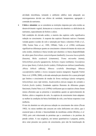 atividade microbiana, tornando o ambiente edáfico mais adequado aos 
microrganismos devido aos efeitos de umidade, temperatura, agregação e 
conteúdo de nutrientes. 
· Cálcio e alumínio: ao se considerar as restrições impostas por solos ácidos ao 
desenvolvimento vegetal, destacam-se o excesso de alumínio e a deficiência de 
nutrientes, especialmente de fósforo e cálcio. 
Sob condições de elevada acidez, a maioria das espécies sofre significativa 
redução no crescimento. A resposta das espécies florestais nativas é bastante 
variada quanto à acidez do solo e saturação por bases e alumínio (Valle et al., 
1996; Furtini Neto et al., 1999, 1999ab). Valle et al. (1996) verificaram 
significativas diferenças quanto ao crescimento e desenvolvimento de raízes em 
solos ácidos, tolerância à baixa toxidez por alumínio e à baixa disponibilidade 
de cálcio para Enterobium contortisiliquum (tamboril), Leucaena leucocephalla 
(leucena), Melia azedarach (cinamomo), Trema micrantha (trema), 
Schizolobium parayba (guapuruvú), Sesbania virgata (sesbania), Caesalpinea 
ferrea (pau ferro), Cedrela fissilis (cedro), Pelthophorum dubium (canafístula), 
Albizia lebbeck (albizia), Mimosa scrabella (bracatinga), Mimosa 
caesalpinifolia (sabiá) e Acácia mangium (acácia mangium). Segundo Furtini 
Neto et al. (1999b, 2000), a elevada saturação por alumínio foi a causa principal 
que limitou o crescimento de mudas de Senna multijuga (cássia verrugosa), 
Schizolobium stans (ipê mirim), Anaderanthera falcata (angico do cerrado) e 
Cedrela fissilis (cedro). Estudando espécies florestais de diferentes grupos 
funcionais, Furtini Neto et al. (1999a) verificaram que as espécies clímax foram 
menos eficientes que as pioneiras e secundárias quanto ao aproveitamento de 
fósforo, cálcio e magnésio do solo. As espécies de crescimento lento adaptam-se 
melhor às condições de baixa fertilidade do solo, com baixas respostas à sua 
melhoria. 
O teor de alumínio no solo provoca redução no crescimento das raízes (Pavan 
1982). As raízes também não crescem em solos deficientes em cálcio, que é 
essencial para a divisão e funcionalidade da membrana celular (Ritchey et al. 
1982), pois está relacionada às proteínas que a constituem e às pectinas da 
parede celular. A sua exigência, em termos quantitativos é pequena, porém, 
deve estar presente nos pontos de crescimento, pois não há translocação do 
61 
 