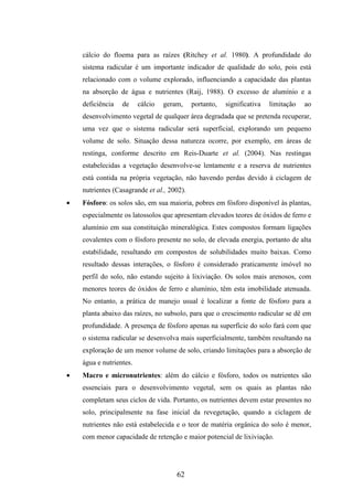 cálcio do floema para as raízes (Ritchey et al. 1980). A profundidade do 
sistema radicular é um importante indicador de qualidade do solo, pois está 
relacionado com o volume explorado, influenciando a capacidade das plantas 
na absorção de água e nutrientes (Raij, 1988). O excesso de alumínio e a 
deficiência de cálcio geram, portanto, significativa limitação ao 
desenvolvimento vegetal de qualquer área degradada que se pretenda recuperar, 
uma vez que o sistema radicular será superficial, explorando um pequeno 
volume de solo. Situação dessa natureza ocorre, por exemplo, em áreas de 
restinga, conforme descrito em Reis-Duarte et al. (2004). Nas restingas 
estabelecidas a vegetação desenvolve-se lentamente e a reserva de nutrientes 
está contida na própria vegetação, não havendo perdas devido à ciclagem de 
nutrientes (Casagrande et al., 2002). 
· Fósforo: os solos são, em sua maioria, pobres em fósforo disponível às plantas, 
especialmente os latossolos que apresentam elevados teores de óxidos de ferro e 
alumínio em sua constituição mineralógica. Estes compostos formam ligações 
covalentes com o fósforo presente no solo, de elevada energia, portanto de alta 
estabilidade, resultando em compostos de solubilidades muito baixas. Como 
resultado dessas interações, o fósforo é considerado praticamente imóvel no 
perfil do solo, não estando sujeito à lixiviação. Os solos mais arenosos, com 
menores teores de óxidos de ferro e alumínio, têm esta imobilidade atenuada. 
No entanto, a prática de manejo usual é localizar a fonte de fósforo para a 
planta abaixo das raízes, no subsolo, para que o crescimento radicular se dê em 
profundidade. A presença de fósforo apenas na superfície do solo fará com que 
o sistema radicular se desenvolva mais superficialmente, também resultando na 
exploração de um menor volume de solo, criando limitações para a absorção de 
água e nutrientes. 
· Macro e micronutrientes: além do cálcio e fósforo, todos os nutrientes são 
essenciais para o desenvolvimento vegetal, sem os quais as plantas não 
completam seus ciclos de vida. Portanto, os nutrientes devem estar presentes no 
solo, principalmente na fase inicial da revegetação, quando a ciclagem de 
nutrientes não está estabelecida e o teor de matéria orgânica do solo é menor, 
com menor capacidade de retenção e maior potencial de lixiviação. 
62 
 