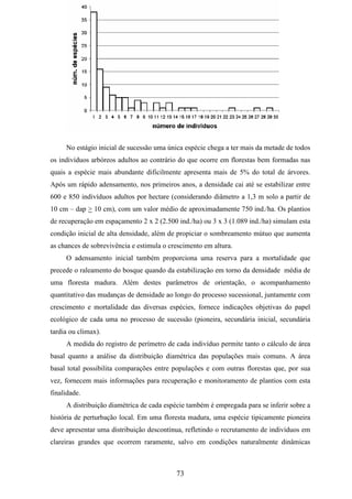 No estágio inicial de sucessão uma única espécie chega a ter mais da metade de todos 
os indivíduos arbóreos adultos ao contrário do que ocorre em florestas bem formadas nas 
quais a espécie mais abundante dificilmente apresenta mais de 5% do total de árvores. 
Após um rápido adensamento, nos primeiros anos, a densidade cai até se estabilizar entre 
600 e 850 indivíduos adultos por hectare (considerando diâmetro a 1,3 m solo a partir de 
10 cm – dap > 10 cm), com um valor médio de aproximadamente 750 ind./ha. Os plantios 
de recuperação em espaçamento 2 x 2 (2.500 ind./ha) ou 3 x 3 (1.089 ind./ha) simulam esta 
condição inicial de alta densidade, além de propiciar o sombreamento mútuo que aumenta 
as chances de sobrevivência e estimula o crescimento em altura. 
O adensamento inicial também proporciona uma reserva para a mortalidade que 
precede o raleamento do bosque quando da estabilização em torno da densidade média de 
uma floresta madura. Além destes parâmetros de orientação, o acompanhamento 
quantitativo das mudanças de densidade ao longo do processo sucessional, juntamente com 
crescimento e mortalidade das diversas espécies, fornece indicações objetivas do papel 
ecológico de cada uma no processo de sucessão (pioneira, secundária inicial, secundária 
tardia ou climax). 
A medida do registro de perímetro de cada indivíduo permite tanto o cálculo de área 
basal quanto a análise da distribuição diamétrica das populações mais comuns. A área 
basal total possibilita comparações entre populações e com outras florestas que, por sua 
vez, fornecem mais informações para recuperação e monitoramento de plantios com esta 
finalidade. 
A distribuição diamétrica de cada espécie também é empregada para se inferir sobre a 
história de perturbação local. Em uma floresta madura, uma espécie tipicamente pioneira 
deve apresentar uma distribuição descontínua, refletindo o recrutamento de indivíduos em 
clareiras grandes que ocorrem raramente, salvo em condições naturalmente dinâmicas 
73 
 