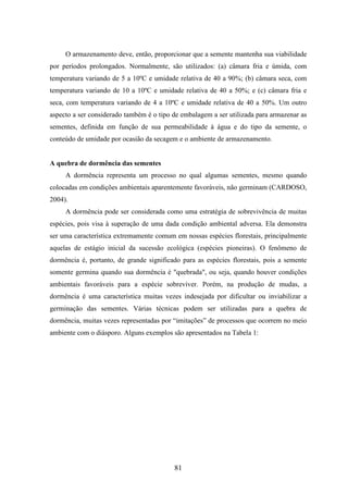 O armazenamento deve, então, proporcionar que a semente mantenha sua viabilidade 
por períodos prolongados. Normalmente, são utilizados: (a) câmara fria e úmida, com 
temperatura variando de 5 a 10ºC e umidade relativa de 40 a 90%; (b) câmara seca, com 
temperatura variando de 10 a 10ºC e umidade relativa de 40 a 50%; e (c) câmara fria e 
seca, com temperatura variando de 4 a 10ºC e umidade relativa de 40 a 50%. Um outro 
aspecto a ser considerado também é o tipo de embalagem a ser utilizada para armazenar as 
sementes, definida em função de sua permeabilidade à água e do tipo da semente, o 
conteúdo de umidade por ocasião da secagem e o ambiente de armazenamento. 
81 
A quebra de dormência das sementes 
A dormência representa um processo no qual algumas sementes, mesmo quando 
colocadas em condições ambientais aparentemente favoráveis, não germinam (CARDOSO, 
2004). 
A dormência pode ser considerada como uma estratégia de sobrevivência de muitas 
espécies, pois visa à superação de uma dada condição ambiental adversa. Ela demonstra 
ser uma característica extremamente comum em nossas espécies florestais, principalmente 
aquelas de estágio inicial da sucessão ecológica (espécies pioneiras). O fenômeno de 
dormência é, portanto, de grande significado para as espécies florestais, pois a semente 
somente germina quando sua dormência é "quebrada", ou seja, quando houver condições 
ambientais favoráveis para a espécie sobreviver. Porém, na produção de mudas, a 
dormência é uma característica muitas vezes indesejada por dificultar ou inviabilizar a 
germinação das sementes. Várias técnicas podem ser utilizadas para a quebra de 
dormência, muitas vezes representadas por “imitações” de processos que ocorrem no meio 
ambiente com o diásporo. Alguns exemplos são apresentados na Tabela 1: 
 