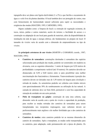 topografia deve ser plana com ligeira declividade (1 a 2%) o que facilita o escoamento de 
água e o solo livre de plantas daninhas. O local também deve ser protegido de ventos, mas 
com fornecimento de luminosidade natural suficiente para suprir as necessidades e 
exigências das mudas (MACEDO, 1993; CARNEIRO, 1995). 
Alguns cuidados como: a limpeza do local e a remoção de vegetação existente, de 
tocos, raízes, pedras e outros materiais; acerto do terreno; a facilidade de acesso e a 
construção ou adaptação de um local para guarda de materiais, além da disponibilidade de 
instalações da rede de água e energia elétrica; são fundamentais no preparo do local. O 
tamanho do viveiro varia de acordo com a dimensão do empreendimento ou tipo de 
viveiro. 
As principais estruturas de um viveiro (MARTIN e CAMARGO, coords., 1987; 
94 
MACEDO, 1993): 
· Canteiros de semeadura: construções destinadas à semeadura das espécies 
selecionadas para produção das mudas, poderão ser construídos em madeira ou 
alvenaria, com as seguintes dimensões: 1 metro de largura por 0,30 metros de 
profundidade e comprimento variável (até 10 metros). Os canteiros deverão ser 
distanciados de 0,50 a 0,60 metros entre si para possibilitar uma melhor 
movimentação dos funcionários e ferramentas. Transversalmente à posição dos 
canteiros devem ser deixadas ruas de 1,50 metros de largura para circulação e 
retirada de mudas. As sementeiras poderão ser cobertas com telados móveis 
com aproximadamente 50% de sombreamento ou utilização da luz natural. A 
camada de substrato deve ser bem fértil, permeável e com boa capacidade de 
retenção de umidade em um certo período. 
· Pátio de transplante ou galpão: construção de uma área coberta, cuja 
dimensão varia de acordo com o porte do viveiro e capacidade de produção, 
para receber as mudas retiradas dos canteiros de semeadura para serem 
transplantadas nos recipientes (repicagem), cujo substrato deverá ser 
preferencialmente mais argiloso e de melhor fertilidade que o dos canteiros de 
semeadura. 
· Canteiros de mudas: estes canteiros poderão ter as mesmas dimensões do 
canteiro de semeadura. Após o transplante, as mudas serão transportadas para 
os canteiros, para adaptação, onde permanecerão até a época de plantio. Os 
 