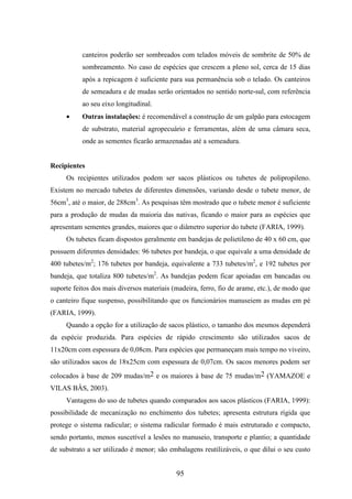 canteiros poderão ser sombreados com telados móveis de sombrite de 50% de 
sombreamento. No caso de espécies que crescem a pleno sol, cerca de 15 dias 
após a repicagem é suficiente para sua permanência sob o telado. Os canteiros 
de semeadura e de mudas serão orientados no sentido norte-sul, com referência 
ao seu eixo longitudinal. 
· Outras instalações: é recomendável a construção de um galpão para estocagem 
de substrato, material agropecuário e ferramentas, além de uma câmara seca, 
onde as sementes ficarão armazenadas até a semeadura. 
95 
Recipientes 
Os recipientes utilizados podem ser sacos plásticos ou tubetes de polipropileno. 
Existem no mercado tubetes de diferentes dimensões, variando desde o tubete menor, de 
56cm3, até o maior, de 288cm3. As pesquisas têm mostrado que o tubete menor é suficiente 
para a produção de mudas da maioria das nativas, ficando o maior para as espécies que 
apresentam sementes grandes, maiores que o diâmetro superior do tubete (FARIA, 1999). 
Os tubetes ficam dispostos geralmente em bandejas de polietileno de 40 x 60 cm, que 
possuem diferentes densidades: 96 tubetes por bandeja, o que equivale a uma densidade de 
400 tubetes/m2; 176 tubetes por bandeja, equivalente a 733 tubetes/m2, e 192 tubetes por 
bandeja, que totaliza 800 tubetes/m2. As bandejas podem ficar apoiadas em bancadas ou 
suporte feitos dos mais diversos materiais (madeira, ferro, fio de arame, etc.), de modo que 
o canteiro fique suspenso, possibilitando que os funcionários manuseiem as mudas em pé 
(FARIA, 1999). 
Quando a opção for a utilização de sacos plástico, o tamanho dos mesmos dependerá 
da espécie produzida. Para espécies de rápido crescimento são utilizados sacos de 
11x20cm com espessura de 0,08cm. Para espécies que permaneçam mais tempo no viveiro, 
são utilizados sacos de 18x25cm com espessura de 0,07cm. Os sacos menores podem ser 
colocados à base de 209 mudas/m2 e os maiores à base de 75 mudas/m2 (YAMAZOE e 
VILAS BÂS, 2003). 
Vantagens do uso de tubetes quando comparados aos sacos plásticos (FARIA, 1999): 
possibilidade de mecanização no enchimento dos tubetes; apresenta estrutura rígida que 
protege o sistema radicular; o sistema radicular formado é mais estruturado e compacto, 
sendo portanto, menos suscetível a lesões no manuseio, transporte e plantio; a quantidade 
de substrato a ser utilizado é menor; são embalagens reutilizáveis, o que dilui o seu custo 
 