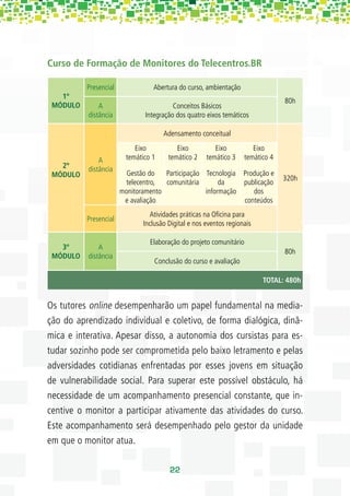 Curso de Formação de Monitores do Telecentros.BR

          Presencial             Abertura do curso, ambientação
   1º
                                                                                 80h
 MÓDULO       A                         Conceitos Básicos
          distância           Integração dos quatro eixos temáticos

                                     Adensamento conceitual
                           Eixo           Eixo          Eixo           Eixo
              A         temático 1     temático 2    temático 3     temático 4
   2º     distância
 MÓDULO                  Gestão do   Participação Tecnologia Produção e
                                                                                 320h
                        telecentro,  comunitária       da    publicação
                       monitoramento              informação    dos
                        e avaliação                          conteúdos
                                Atividades práticas na Oﬁcina para
          Presencial
                              Inclusão Digital e nos eventos regionais

                                Elaboração do projeto comunitário
   3º         A
                                                                                 80h
 MÓDULO   distância
                                  Conclusão do curso e avaliação

                                                                          TOTAL: 480h


Os tutores online desempenharão um papel fundamental na media-
ção do aprendizado individual e coletivo, de forma dialógica, dinâ-
mica e interativa. Apesar disso, a autonomia dos cursistas para es-
tudar sozinho pode ser comprometida pelo baixo letramento e pelas
adversidades cotidianas enfrentadas por esses jovens em situação
de vulnerabilidade social. Para superar este possível obstáculo, há
necessidade de um acompanhamento presencial constante, que in-
centive o monitor a participar ativamente das atividades do curso.
Este acompanhamento será desempenhado pelo gestor da unidade
em que o monitor atua.

                                       22
 