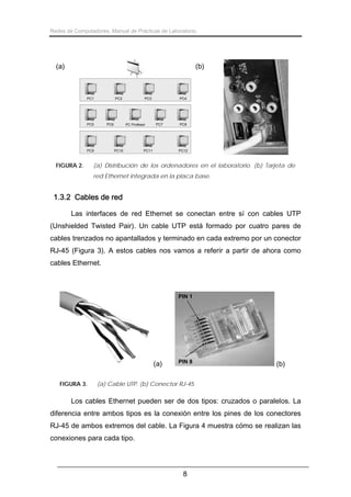 Redes de Computadores. Manual de Prácticas de Laboratorio.

(a)

(b)

PC1

PC2

PC5

PC6

PC9

FIGURA 2.

PC3

PC Profesor

PC10

PC4

PC7

PC11

PC8

PC12

(a) Distribución de los ordenadores en el laboratorio. (b) Tarjeta de
red Ethernet integrada en la placa base.

1.3.2 Cables de red
Las interfaces de red Ethernet se conectan entre sí con cables UTP
(Unshielded Twisted Pair). Un cable UTP está formado por cuatro pares de
cables trenzados no apantallados y terminado en cada extremo por un conector
RJ-45 (Figura 3). A estos cables nos vamos a referir a partir de ahora como
cables Ethernet.

PIN 1

(a)
FIGURA 3.

PIN 8

(b)

(a) Cable UTP. (b) Conector RJ-45.

Los cables Ethernet pueden ser de dos tipos: cruzados o paralelos. La
diferencia entre ambos tipos es la conexión entre los pines de los conectores
RJ-45 de ambos extremos del cable. La Figura 4 muestra cómo se realizan las
conexiones para cada tipo.

8

 