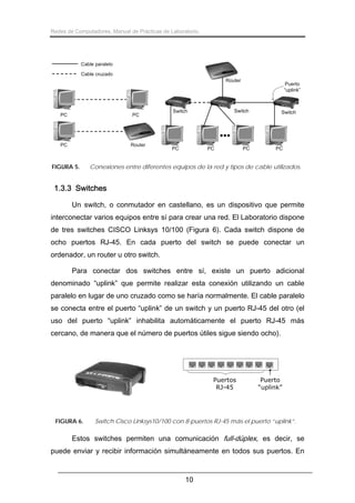 Redes de Computadores. Manual de Prácticas de Laboratorio.

Cable paralelo
Cable cruzado

Router

PC

PC

PC

Router

FIGURA 5.

Switch

Switch

PC

Puerto
“uplink”

PC

PC

Switch

PC

Conexiones entre diferentes equipos de la red y tipos de cable utilizados.

1.3.3 Switches
Un switch, o conmutador en castellano, es un dispositivo que permite
interconectar varios equipos entre sí para crear una red. El Laboratorio dispone
de tres switches CISCO Linksys 10/100 (Figura 6). Cada switch dispone de
ocho puertos RJ-45. En cada puerto del switch se puede conectar un
ordenador, un router u otro switch.
Para conectar dos switches entre sí, existe un puerto adicional
denominado “uplink” que permite realizar esta conexión utilizando un cable
paralelo en lugar de uno cruzado como se haría normalmente. El cable paralelo
se conecta entre el puerto “uplink” de un switch y un puerto RJ-45 del otro (el
uso del puerto “uplink” inhabilita automáticamente el puerto RJ-45 más
cercano, de manera que el número de puertos útiles sigue siendo ocho).

Puertos
RJ-45

FIGURA 6.

Puerto
“uplink”

Switch Cisco Linksys10/100 con 8-puertos RJ-45 más el puerto “uplink”.

Estos switches permiten una comunicación full-dúplex, es decir, se
puede enviar y recibir información simultáneamente en todos sus puertos. En

10

 