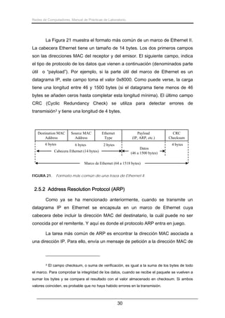 Redes de Computadores. Manual de Prácticas de Laboratorio.

La Figura 21 muestra el formato más común de un marco de Ethernet II.
La cabecera Ethernet tiene un tamaño de 14 bytes. Los dos primeros campos
son las direcciones MAC del receptor y del emisor. El siguiente campo, indica
el tipo de protocolo de los datos que vienen a continuación (denominados parte
útil o “payload”). Por ejemplo, si la parte útil del marco de Ethernet es un
datagrama IP, este campo toma el valor 0x8000. Como puede verse, la carga
tiene una longitud entre 46 y 1500 bytes (si el datagrama tiene menos de 46
bytes se añaden ceros hasta completar esta longitud mínima). El último campo
CRC (Cyclic Redundancy Check) se utiliza para detectar errores de
transmisión3 y tiene una longitud de 4 bytes.

Destination MAC
Address

Source MAC
Address

Ethernet
Type

6 bytes

6 bytes

Payload
(IP, ARP, etc.)

2 bytes

CRC
Checksum
4 bytes

Datos
(46 a 1500 bytes)

Cabecera Ethernet (14 bytes)

Marco de Ethernet (64 a 1518 bytes)
FIGURA 21.

Formato más común de una traza de Ethernet II.

2.5.2 Address Resolution Protocol (ARP)
Como ya se ha mencionado anteriormente, cuando se transmite un
datagrama IP en Ethernet se encapsula en un marco de Ethernet cuya
cabecera debe incluir la dirección MAC del destinatario, la cuál puede no ser
conocida por el remitente. Y aquí es donde el protocolo ARP entra en juego.
La tarea más común de ARP es encontrar la dirección MAC asociada a
una dirección IP. Para ello, envía un mensaje de petición a la dirección MAC de

3

El campo checksum, o suma de verificación, es igual a la suma de los bytes de todo

el marco. Para comprobar la integridad de los datos, cuando se recibe el paquete se vuelven a
sumar los bytes y se compara el resultado con el valor almacenado en checksum. Si ambos
valores coinciden, es probable que no haya habido errores en la transmisión.

30

 
