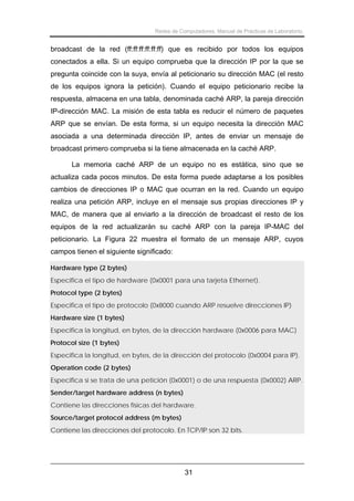Redes de Computadores. Manual de Prácticas de Laboratorio.

broadcast de la red (ff:ff:ff:ff:ff:ff) que es recibido por todos los equipos
conectados a ella. Si un equipo comprueba que la dirección IP por la que se
pregunta coincide con la suya, envía al peticionario su dirección MAC (el resto
de los equipos ignora la petición). Cuando el equipo peticionario recibe la
respuesta, almacena en una tabla, denominada caché ARP, la pareja dirección
IP-dirección MAC. La misión de esta tabla es reducir el número de paquetes
ARP que se envían. De esta forma, si un equipo necesita la dirección MAC
asociada a una determinada dirección IP, antes de enviar un mensaje de
broadcast primero comprueba si la tiene almacenada en la caché ARP.
La memoria caché ARP de un equipo no es estática, sino que se
actualiza cada pocos minutos. De esta forma puede adaptarse a los posibles
cambios de direcciones IP o MAC que ocurran en la red. Cuando un equipo
realiza una petición ARP, incluye en el mensaje sus propias direcciones IP y
MAC, de manera que al enviarlo a la dirección de broadcast el resto de los
equipos de la red actualizarán su caché ARP con la pareja IP-MAC del
peticionario. La Figura 22 muestra el formato de un mensaje ARP, cuyos
campos tienen el siguiente significado:
Hardware type (2 bytes)
Especifica el tipo de hardware (0x0001 para una tarjeta Ethernet).
Protocol type (2 bytes)
Especifica el tipo de protocolo (0x8000 cuando ARP resuelve direcciones IP)
Hardware size (1 bytes)
Especifica la longitud, en bytes, de la dirección hardware (0x0006 para MAC)
Protocol size (1 bytes)
Especifica la longitud, en bytes, de la dirección del protocolo (0x0004 para IP).
Operation code (2 bytes)
Especifica si se trata de una petición (0x0001) o de una respuesta (0x0002) ARP.
Sender/target hardware address (n bytes)
Contiene las direcciones físicas del hardware.
Source/target protocol address (m bytes)
Contiene las direcciones del protocolo. En TCP/IP son 32 bits.

31

 