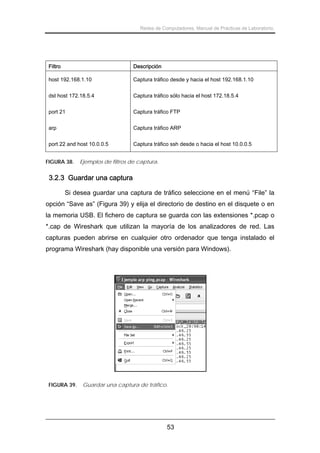 Redes de Computadores. Manual de Prácticas de Laboratorio.

Filtro

Descripción

host 192.168.1.10

Captura tráfico desde y hacia el host 192.168.1.10

dst host 172.18.5.4

Captura tráfico sólo hacia el host 172.18.5.4

port 21

Captura tráfico FTP

arp

Captura tráfico ARP

port 22 and host 10.0.0.5

Captura tráfico ssh desde o hacia el host 10.0.0.5

FIGURA 38.

Ejemplos de filtros de captura.

3.2.3 Guardar una captura
Si desea guardar una captura de tráfico seleccione en el menú “File” la
opción “Save as” (Figura 39) y elija el directorio de destino en el disquete o en
la memoria USB. El fichero de captura se guarda con las extensiones *.pcap o
*.cap de Wireshark que utilizan la mayoría de los analizadores de red. Las
capturas pueden abrirse en cualquier otro ordenador que tenga instalado el
programa Wireshark (hay disponible una versión para Windows).

FIGURA 39.

Guardar una captura de tráfico.

53

 
