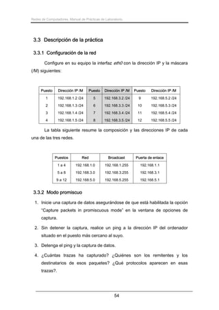Redes de Computadores. Manual de Prácticas de Laboratorio.

3.3 Descripción de la práctica
3.3.1 Configuración de la red
Configure en su equipo la interfaz eth0 con la dirección IP y la máscara
(/M) siguientes:

Puesto

Dirección IP /M

Puesto

Dirección IP /M

Puesto

Dirección IP /M

1

192.168.1.2 /24

5

192.168.3.2 /24

9

192.168.5.2 /24

2

192.168.1.3 /24

6

192.168.3.3 /24

10

192.168.5.3 /24

3

192.168.1.4 /24

7

192.168.3.4 /24

11

192.168.5.4 /24

4

192.168.1.5 /24

8

192.168.3.5 /24

12

192.168.5.5 /24

La tabla siguiente resume la composición y las direcciones IP de cada
una de las tres redes.

Puestos

Red

Broadcast

Puerta de enlace

1a4

192.168.1.0

192.168.1.255

192.168.1.1

5a8

192.168.3.0

192.168.3.255

192.168.3.1

9 a 12

192.168.5.0

192.168.5.255

192.168.5.1

3.3.2 Modo promiscuo
1. Inicie una captura de datos asegurándose de que está habilitada la opción
“Capture packets in promiscuous mode” en la ventana de opciones de
captura.
2. Sin detener la captura, realice un ping a la dirección IP del ordenador
situado en el puesto más cercano al suyo.
3. Detenga el ping y la captura de datos.
4. ¿Cuántas trazas ha capturado? ¿Quiénes son los remitentes y los
destinatarios de esos paquetes? ¿Qué protocolos aparecen en esas
trazas?.

54

 