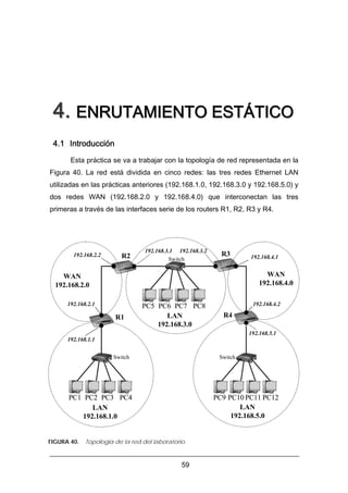 4. ENRUTAMIENTO ESTÁTICO
4.1 Introducción
Esta práctica se va a trabajar con la topología de red representada en la
Figura 40. La red está dividida en cinco redes: las tres redes Ethernet LAN
utilizadas en las prácticas anteriores (192.168.1.0, 192.168.3.0 y 192.168.5.0) y
dos redes WAN (192.168.2.0 y 192.168.4.0) que interconectan las tres
primeras a través de las interfaces serie de los routers R1, R2, R3 y R4.

192.168.2.2

R2

192.168.3.1 192.168.3.2
Switch

R3

192.168.4.1

WAN
192.168.4.0

WAN
192.168.2.0
192.168.2.1

R1

PC5 PC6 PC7 PC8
LAN
192.168.3.0

192.168.4.2

R4
192.168.5.1

192.168.1.1
Switch

Switch

PC1 PC2 PC3 PC4
LAN
192.168.1.0
FIGURA 40.

PC9 PC10 PC11 PC12
LAN
192.168.5.0

Topología de la red del laboratorio.

59

 