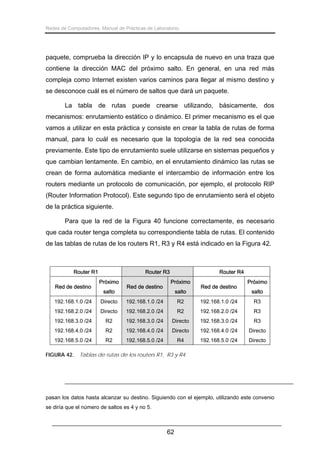 Redes de Computadores. Manual de Prácticas de Laboratorio.

paquete, comprueba la dirección IP y lo encapsula de nuevo en una traza que
contiene la dirección MAC del próximo salto. En general, en una red más
compleja como Internet existen varios caminos para llegar al mismo destino y
se desconoce cuál es el número de saltos que dará un paquete.
La tabla de rutas puede crearse utilizando, básicamente, dos
mecanismos: enrutamiento estático o dinámico. El primer mecanismo es el que
vamos a utilizar en esta práctica y consiste en crear la tabla de rutas de forma
manual, para lo cuál es necesario que la topología de la red sea conocida
previamente. Este tipo de enrutamiento suele utilizarse en sistemas pequeños y
que cambian lentamente. En cambio, en el enrutamiento dinámico las rutas se
crean de forma automática mediante el intercambio de información entre los
routers mediante un protocolo de comunicación, por ejemplo, el protocolo RIP
(Router Information Protocol). Este segundo tipo de enrutamiento será el objeto
de la práctica siguiente.
Para que la red de la Figura 40 funcione correctamente, es necesario
que cada router tenga completa su correspondiente tabla de rutas. El contenido
de las tablas de rutas de los routers R1, R3 y R4 está indicado en la Figura 42.

Router R1
Red de destino

Router R3
Próximo
salto

Red de destino

Router R4
Próximo
salto

Red de destino

Próximo
salto

192.168.1.0 /24

Directo

192.168.1.0 /24

R2

192.168.1.0 /24

R3

192.168.2.0 /24

Directo

192.168.2.0 /24

R2

192.168.2.0 /24

R3

192.168.3.0 /24

R2

192.168.3.0 /24

Directo

192.168.3.0 /24

R3

192.168.4.0 /24

R2

192.168.4.0 /24

Directo

192.168.4.0 /24

Directo

192.168.5.0 /24

R2

192.168.5.0 /24

R4

192.168.5.0 /24

Directo

FIGURA 42.

Tablas de rutas de los routers R1, R3 y R4.

pasan los datos hasta alcanzar su destino. Siguiendo con el ejemplo, utilizando este convenio
se diría que el número de saltos es 4 y no 5.

62

 