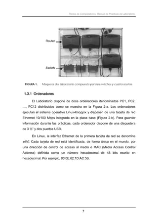 Redes de Computadores. Manual de Prácticas de Laboratorio.

Router

Switch

FIGURA 1.

Maqueta del laboratorio compuesta por tres switches y cuatro routers.

1.3.1 Ordenadores
El Laboratorio dispone de doce ordenadores denominados PC1, PC2,
…, PC12 distribuidos como se muestra en la Figura 2-a. Los ordenadores
ejecutan el sistema operativo Linux-Knoppix y disponen de una tarjeta de red
Ethernet 10/100 Mbps integrada en la placa base (Figura 2-b). Para guardar
información durante las prácticas, cada ordenador dispone de una disquetera
de 3 ½” y dos puertos USB.
En Linux, la interfaz Ethernet de la primera tarjeta de red se denomina

eth0. Cada tarjeta de red está identificada, de forma única en el mundo, por
una dirección de control de acceso al medio o MAC (Media Access Control
Address) definida como un número hexadecimal de 48 bits escrito en
hexadecimal. Por ejemplo, 00:0E:62:1D:AC:5B.

7

 