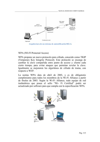 ____________________________________________________________ MANUAL REDES DE COMPUTADORAS
Pág. 115
Arquitectura de un sistema de autentificación 802.1x
WPA (WI-FI Protected Access)
WPA propone un nuevo protocolo para cifrado, conocido como TKIP
(Temporary Key Integrity Protocol). Este protocolo se encarga de
cambiar la clave compartida entre punto de acceso y cliente cada
cierto tiempo, para evitar ataques que permitan revelar la clave.
Igualmente se mejoraron los algoritmos de cifrado de trama, con
respecto a WEP.
La norma WPA data de abril de 2003, y es de obligatorio
cumplimiento para todos los miembros de la Wi-Fi Alliance a partir
de finales de 2003. Según la Wi-Fi Alliance, todo equipo de red
inalámbrica que posea el sello “Wi- Fi Certified” podrá ser
actualizado por software para que cumpla con la especificación WPA.
 