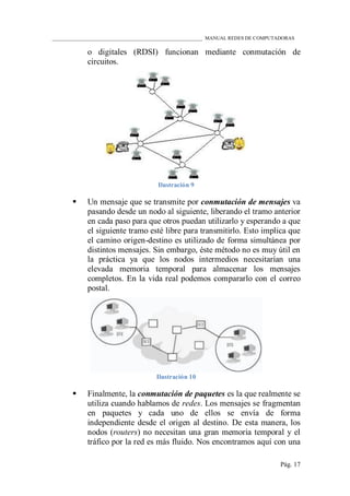 ____________________________________________________________ MANUAL REDES DE COMPUTADORAS
Pág. 17
o digitales (RDSI) funcionan mediante conmutación de
circuitos.
Ilustración 9
 Un mensaje que se transmite por conmutación de mensajes va
pasando desde un nodo al siguiente, liberando el tramo anterior
en cada paso para que otros puedan utilizarlo y esperando a que
el siguiente tramo esté libre para transmitirlo. Esto implica que
el camino origen-destino es utilizado de forma simultánea por
distintos mensajes. Sin embargo, éste método no es muy útil en
la práctica ya que los nodos intermedios necesitarían una
elevada memoria temporal para almacenar los mensajes
completos. En la vida real podemos compararlo con el correo
postal.
Ilustración 10
 Finalmente, la conmutación de paquetes es la que realmente se
utiliza cuando hablamos de redes. Los mensajes se fragmentan
en paquetes y cada uno de ellos se envía de forma
independiente desde el origen al destino. De esta manera, los
nodos (routers) no necesitan una gran memoria temporal y el
tráfico por la red es más fluido. Nos encontramos aquí con una
 