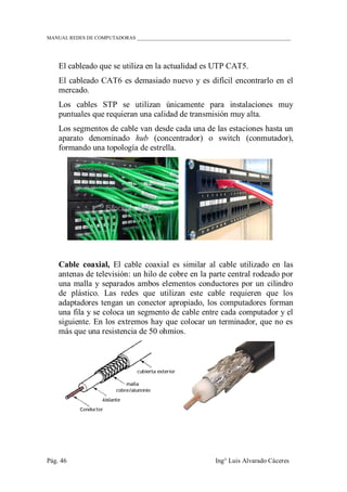 MANUAL REDES DE COMPUTADORAS ______________________________________________________________
Pág. 46 Ing° Luis Alvarado Cáceres
El cableado que se utiliza en la actualidad es UTP CAT5.
El cableado CAT6 es demasiado nuevo y es difícil encontrarlo en el
mercado.
Los cables STP se utilizan únicamente para instalaciones muy
puntuales que requieran una calidad de transmisión muy alta.
Los segmentos de cable van desde cada una de las estaciones hasta un
aparato denominado hub (concentrador) o switch (conmutador),
formando una topología de estrella.
Cable coaxial, El cable coaxial es similar al cable utilizado en las
antenas de televisión: un hilo de cobre en la parte central rodeado por
una malla y separados ambos elementos conductores por un cilindro
de plástico. Las redes que utilizan este cable requieren que los
adaptadores tengan un conector apropiado, los computadores forman
una fila y se coloca un segmento de cable entre cada computador y el
siguiente. En los extremos hay que colocar un terminador, que no es
más que una resistencia de 50 ohmios.
 