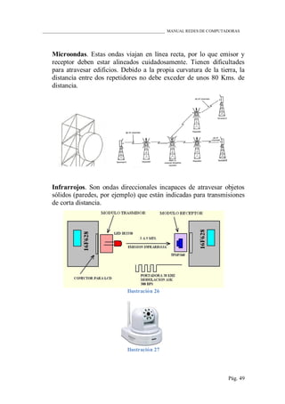 ____________________________________________________________ MANUAL REDES DE COMPUTADORAS
Pág. 49
Microondas. Estas ondas viajan en línea recta, por lo que emisor y
receptor deben estar alineados cuidadosamente. Tienen dificultades
para atravesar edificios. Debido a la propia curvatura de la tierra, la
distancia entre dos repetidores no debe exceder de unos 80 Kms. de
distancia.
Infrarrojos. Son ondas direccionales incapaces de atravesar objetos
sólidos (paredes, por ejemplo) que están indicadas para transmisiones
de corta distancia.
Ilustración 26
Ilustración 27
 
