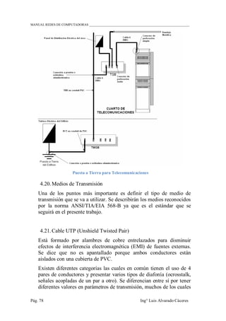 MANUAL REDES DE COMPUTADORAS ______________________________________________________________
Pág. 78 Ing° Luis Alvarado Cáceres
Puesta a Tierra para Telecomunicaciones
4.20. Medios de Transmisión
Una de los puntos más importante es definir el tipo de medio de
transmisión que se va a utilizar. Se describirán los medios reconocidos
por la norma ANSI/TIA/EIA 568-B ya que es el estándar que se
seguirá en el presente trabajo.
4.21. Cable UTP (Unshield Twisted Pair)
Está formado por alambres de cobre entrelazados para disminuir
efectos de interferencia electromagnética (EMI) de fuentes externas.
Se dice que no es apantallado porque ambos conductores están
aislados con una cubierta de PVC.
Existen diferentes categorías las cuales en común tienen el uso de 4
pares de conductores y presentar varios tipos de diafonía (ocrosstalk,
señales acopladas de un par a otro). Se diferencian entre sí por tener
diferentes valores en parámetros de transmisión, muchos de los cuales
 