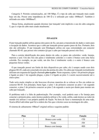 REDES DE COMPUTADORES – Conceitos básicos

Categoria 5: Permite comunicações, até 100 Mbps. É o tipo de cabo par trançado mais usado
hoje em dia. Possui uma impedância de 100 Ω e é utilizado por redes 100BaseT. Também é
utilizado em redes 1000BaseT.
Dessa forma, atualmente quando dizemos 'par trançado' está implícito o uso de cabo categoria
5, que é o tipo de cabo mais usado atualmente.

PINAGEM
O par trançado padrão utiliza apenas dois pares de fio, um para a transmissão de dados e outro para
a recepção de dados. Acontece que o cabo par trançado possui quatro pares de fios. Portanto, dois
não são utilizados. O par trançado sem blindagem utiliza em suas extremidades um conector
chamado RJ-45, que possui oito contatos (já que o cabo par trançado possui oito fios).
Para a correta identificação dos pares dentro do cabo, os pares são coloridos: verde, laranja,
marrom e azul. Um dos fios dos pares é totalmente colorido e o outro é branco com uma faixa
colorida. Por exemplo, no par verde, um dos fios é totalmente verde e o outro é branco com
pequenas faixas verdes.
O par trançado possui um limite de dois dispositivos por cabo; ele é sempre usado com dois
plugues RJ-45, cada um conectado em uma das pontas do cabo. Os cabos par trançado normalmente
utilizam um esquema de ligação chamado pino-a-pino. Neste esquema, o pino 1 do primeiro plugue
é ligado ao pino 1 do segundo plugue, o pino 2 é ligado ao pino 2 e assim sucessivamente até o
oitavo pino.
Tudo seria muito simples se não houvesse diversas maneiras de se colocar os fios em ordem no
conector RJ-45. Em princípio, basta ligar, o pino 1 do primeiro conector ao pino 1 do segundo
conector, o pino 2 do primeiro conector ao pino 2 do segundo e assim por diante para montar um
cabo par trançado.
O problema todo é a falta de padronização. Por exemplo, você poderia usar o fio laranja para
conectar o primeiro pino, outro técnico poderia utilizar o fio verde, enfim, cada técnico ao redor do
mundo iria utilizar o seu próprio padrão de fiação. Na hora de fazer a manutenção de uma rede,
ficaria difícil adivinhar qual foi a ordem dos fios que o técnico usou na montagem do cabo.
O sistema de cabeamento 10BaseT original utiliza o seguinte padrão:

Pino

Cor

Função

1

Branco com verde

+TD

2

Verde

-TD

3

Branco com laranja

+RD
8

 