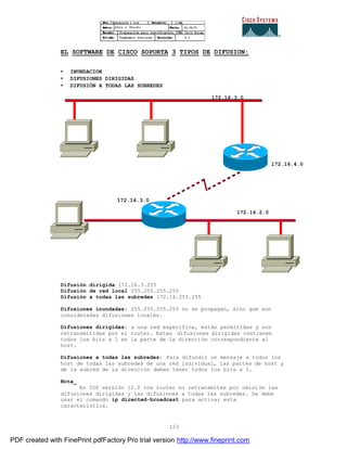 123
EL SOFTWARE DE CISCO SOPORTA 3 TIPOS DE DIFUSION:
• INUNDACION
• DIFUSIONES DIRIGIDAS
• DIFUSIÓN A TODAS LAS SUBREDES
172.16.3.0
172.16.4.0
172.16.3.0
172.16.2.0
Difusión dirigida 172.16.3.255
Difusión de red local 255.255.255.255
Difusión a todas las subredes 172.16.255.255
Difusiones inundadas: 255.255.255.255 no se propagan, sino que son
consideradas difusiones locales.
Difusiones dirigidas: a una red especifica, están permitidas y son
retransmitidas por el router. Estas difusiones dirigidas contienen
todos los bits a 1 en la parte de la dirección correspondiente al
host.
Difusiones a todas las subredes: Para difundir un mensaje a todos los
host de todas las subredes de una red individual, las partes de host y
de la subred de la dirección deben tener todos los bits a 1.
Nota_
En IOS versión 12.0 los router no retransmiten por omisión las
difusiones dirigidas y las difusiones a todas las subredes. Se debe
usar el comando ip directed-broadcast para activar esta
característica.
PDF created with FinePrint pdfFactory Pro trial version http://www.fineprint.com
 