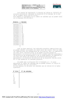 127
Otra manera de representar la mascara de subred es indicarla en
notación alternativa indicando la dirección IP en decimal de la red
(en el ejemplo seria 164.56.0.0/20).
Otro aspecto a considerar es el número de subredes que se pueden tener
con la mascara 255.255.240.0
Binario Decimal
00000000 0
00010000 16
00100000 32
00110000 48
01000000 64
01010000 80
01100000 96
01110000 112
10000000 128
10010000 144
10100000 160
10110000 176
11000000 192
11010000 208
11100000 224
11110000 240
Como se pude observar, hay dieciséis posibles combinaciones que
se pueden obtener utilizando los cuatro bits del octeto. Pero no todas
las combinaciones son susceptibles de utilización. Así, la combinación
con todo ceros (164.56.0.0/20) no se puede utilizar porque es
equivalente a la dirección 164.56.0.0/16 y puede ocasionar problemas a
los protocolos de encaminamiento y de la misma manera, la combinaci ón
con todo unos daría una dirección de difusión(164.56.255.255)
equivalente a la dirección de difusión de la dirección 164.56.0.0/16.
Por lo que quedarían 14 subredes posibles.
Se puede usar la ecuación 2n-2 (2 elevado a n – 2) para
determinar el número de subredes que se pueden obtener (n indica el
número de bits que va a utilizar).
De esta manera, se obtienen las subredes que se indican en la tabla
siguiente:
Nº Bits Nº de subredes
-
2
6
14
30
62
126
254
PDF created with FinePrint pdfFactory Pro trial version http://www.fineprint.com
 