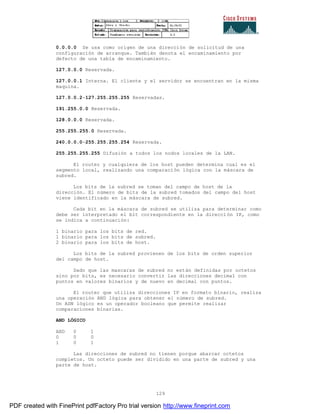 129
0.0.0.0 Se usa como origen de una dirección de solicitud de una
configuración de arranque. También denota el encaminamiento por
defecto de una tabla de encaminamiento.
127.0.0.0 Reservada.
127.0.0.1 Interna. El cliente y el servidor se encuentran en la misma
maquina.
127.0.0.2-127.255.255.255 Reservadas.
191.255.0.0 Reservada.
128.0.0.0 Reservada.
255.255.255.0 Reservada.
240.0.0.0-255.255.255.254 Reservada.
255.255.255.255 Difusión a todos los nodos locales de la LAN.
El router y cualquiera de los host pueden determina cual es el
segmento local, realizando una comparación lógica con la máscara de
subred.
Los bits de la subred se toman del campo de host de la
dirección. El número de bits de la subred tomados del campo del host
viene identificado en la máscara de subred.
Cada bit en la máscara de subred se utiliza para determinar como
debe ser interpretado el bit correspondiente en la dirección IP, como
se indica a continuación:
1 binario para los bits de red.
1 binario para los bits de subred.
2 binario para los bits de host.
Los bits de la subred provienen de los bits de orden superior
del campo de host.
Dado que las mascaras de subred no están definidas por octetos
sino por bits, es necesario convertir las direcciones decimal con
puntos en valores binarios y de nuevo en decimal con puntos.
El router que utiliza direcciones IP en formato binario, realiza
una operación AND lógica para obtener el número de subred.
Un ADN lógico es un operador booleano que permite realizar
comparaciones binarias.
AND LÓGICO
AND 0 1
0 0 0
1 0 1
Las direcciones de subred no tienen porque abarcar octetos
completos. Un octeto puede ser dividido en una parte de subred y una
parte de host.
PDF created with FinePrint pdfFactory Pro trial version http://www.fineprint.com
 