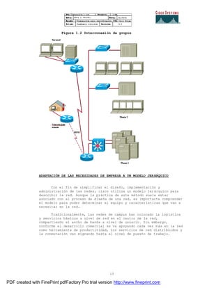 13
Figura 1.2 Interconexión de grupos
ADAPTACIÓN DE LAS NECESIDADES DE EMPRESA A UN MODELO JERÁRQUICO
Con el fin de simplificar el diseño, implementación y
administración de las redes, cisco utiliza un modelo jerárquico para
describir la red. Aunque la práctica de este método suele estar
asociado con el proceso de diseña de una red, es importante comprender
el modelo para poder determinar el equipo y características que van a
necesitar en la red.
Tradicionalmente, las redes de campus han colocado la logística
y servicios básicos a nivel de red en el centro de la red,
compartiendo el ancho de banda a nivel de usuario. Sin embargo,
conforme el desarrollo comercial se va apoyando cada vez más en la red
como herramienta de productividad, los servicios de red distribuidos y
la conmutación van migrando hasta el nivel de puesto de trabajo.
PDF created with FinePrint pdfFactory Pro trial version http://www.fineprint.com
 