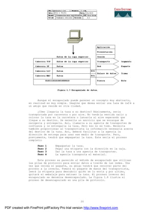 20
Aunque el encapsulado puede parecer un concepto muy abstracto,
en realizad es muy simple. Imagine que desea enviar una taza de caf é a
un amigo que reside en otra ciudad.
¿Cómo llegaría la taza a su destino? Básicamente, sería
transportada por carretera o por aire. No tendría sentido salir y
colocar la taza en la carretera o lanzarla al aire esperando que
llegue a su destino. Se necesita un servicio que se encargue de
recogerla y entregarla. Así, llamaría a su agencia de transportes de
confianza y le entregaría la taza. Pero eso no es todo. Necesita
también proporcionar al transportista la información necesaria acerca
del destino de la taza. Así, deberá facilitar a la agencia la
dirección de entrega para usar ese medio de transporte. Pero,
previamente, tendrá que empaquetar la taza. Este sería el proceso
completo:
Paso 1 Empaquetar la taza.
Paso 2 Pegar una etiqueta con la dirección en la caja.
Paso 3 Dar la taza a una agencia de transportes.
Paso 4 La agencia transporta el material.
Este proceso es parecido al método de encapsulado que utilizan
las pilas de protocolo para enviar datos a través de las redes. Una
vez que reciba el paquete, su amigo tendrá que recorrer parte del
proceso a la inversa. Tomará el paquete de manos del transportista,
leerá la etiqueta para descubrir quién se lo envía y por ultimo,
quitará el embalaje para extraer la taza. El proceso inverso del
encapsulado se denomina desencapsulado. La figura 1.8 ilustra el
proceso de desencapsulado en una pila de protocolo.
PDF created with FinePrint pdfFactory Pro trial version http://www.fineprint.com
 