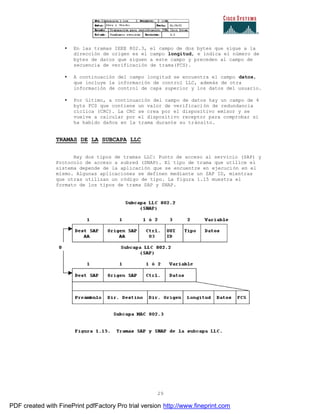 29
• En las tramas IEEE 802.3, el campo de dos bytes que sigue a la
dirección de origen es el campo longitud, e indica el número de
bytes de datos que siguen a este campo y preceden al campo de
secuencia de verificación de trama(FCS).
• A continuación del campo longitud se encuentra el campo datos,
que incluye la información de control LLC, además de otra
información de control de capa superior y los datos del usuario.
• Por último, a continuación del campo de datos hay un campo de 4
byts FCS que contiene un valor de verificación de redundancia
cíclica (CRC). La CRC se crea por el dispositivo emisor y se
vuelve a calcular por el dispositivo receptor para comprobar si
ha habido daños en la trama durante su tránsito.
TRAMAS DE LA SUBCAPA LLC
Hay dos tipos de tramas LLC: Punto de acceso al servicio (SAP) y
Protocolo de acceso a subred (SNAP). El tipo de trama que utilice el
sistema depende de la aplicación que se encuentre en ejecución en el
mismo. Algunas aplicaciones se definen mediante un SAP ID, mientras
que otras utilizan un código de tipo. La figura 1.15 muestra el
formato de los tipos de trama SAP y SNAP.
PDF created with FinePrint pdfFactory Pro trial version http://www.fineprint.com
 