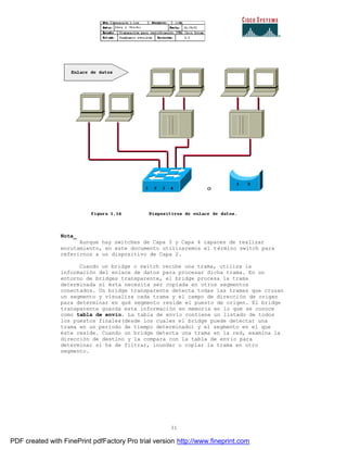 31
Nota_
Aunque hay switches de Capa 3 y Capa 4 capaces de realizar
enrutamiento, en este documento utilizaremos el término switch para
referirnos a un dispositivo de Capa 2.
Cuando un bridge o switch recibe una trama, utiliza la
información del enlace de datos para procesar dicha trama. En un
entorno de bridges transparente, el bridge procesa la trama
determinada si ésta necesita ser copiada en otros segmentos
conectados. Un bridge transparente detecta todas las tramas que cruzan
un segmento y visualiza cada trama y el campo de dirección de origen
para determinar en qué segmento reside el puesto de origen. El bridge
transparente guarda esta información en memoria en lo que se conoce
como tabla de envío. La tabla de envío contiene un listado de todos
los puestos finales(desde los cuales el bridge puede detectar una
trama en un periodo de tiempo determinado) y el segmento en el que
éste reside. Cuando un bridge detecta una trama en la red, examina la
dirección de destino y la compara con la tabla de envío para
determinar si ha de filtrar, inundar o copiar la trama en otro
segmento.
PDF created with FinePrint pdfFactory Pro trial version http://www.fineprint.com
 