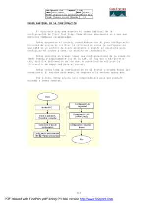 318
ORDEN HABITUAL DE LA CONFIGURACIÓN
El siguiente diagrama muestra el orden habitual de la
configuración de Cisco Fast Step. Cada bloque representa un grupo que
contiene ventanas relacionadas.
Setup encuentra el router, conectándose con él para configurarlo.
Entonces determina si utilizar la información sobre la configuración
que está en un archivo de disco existente o seguir el asistente para
configurar el router y crear un archivo de instalación.
Setup solicita en primer lugar las configuraciones de la conexi ón
(WAN) remota y seguidamente las de la LAN. Si hay dos o más puertos
LAN, solicita información de los dos. A continuación solicita la
información de seguridad para el router.
Setup carga toda la configuración en el router y prueba todas las
conexiones. Si existen problemas, se regresa a la ventana apropiada.
Por último, Setup ajusta la/s computadora/s para que pueda/n
acceder a redes remotas.
PDF created with FinePrint pdfFactory Pro trial version http://www.fineprint.com
 