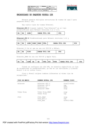 334
ENCAPSULADO DE PAQUETES NOVELL IPX
Netware permite múltiples estructuras de tramas de capa 2 para
paquetes Novell IPX.
Hay cuatro tipos de tramas Ethernet.
Ethernet_802.3 Llamado también "raw Ethernet" es el tipo
predeterminado para Netware versiones 2.x a 3.11.
DA SA LONG CARGA ÚTIL IPX FCS
Ethernet_802.2 Predeterminado para Netware versiones 3.12 y
posteriores.
DA SA LONG DSAP SSAP CTRL CARGA ÚTIL IPX FCS
Ethernet_II Es el que se usa con TCP/IP y DECnet.
DA SA TIPO CARGA ÚTIL IPX FCS
Ethernet_SNAP Se usa con TCP/IP y Apple Talk.
DA SA LONG AA AA CTRL OUI TYPE CARGA ÚTIL IPX FCS
Cuando se configura una red IPX, se necesita especificar un tipo
de encapsulado no predeterminado, ya sea en los servidores y clientes
Novell o en el router Cisco.
Cisco y Novell asignan nombres diferentes al mismo tipo de
encapsulado.
TIPO DE MEDIO NOMBRE NOVELL IPX NOMBRE CISCO
Ethernet Ethernet 802.3 novell-ether
Ethernet 802.2 sap
Ethernet_II ARPA
Ethernet SNAP snap
Token Ring Token Ring_SNAP snap
Token Ring sap
FIDI FIDI_SNAP snap
FIDI_802.2 sap
FIDI_Raw novell-fddi
PDF created with FinePrint pdfFactory Pro trial version http://www.fineprint.com
 