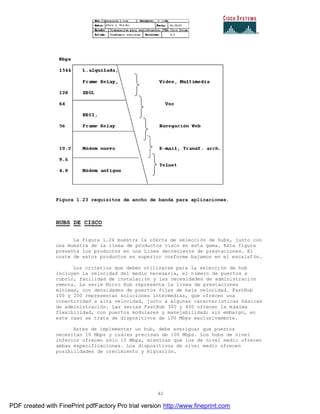 42
Figura 1.23 requisitos de ancho de banda para aplicaciones.
HUBS DE CISCO
La figura 1.24 muestra la oferta de selección de hubs, junto con
una muestra de la línea de productos cisco en esta gama. Esta figura
presenta los productos en una Línea decreciente de prestaciones. El
coste de estos productos es superior conforme bajamos en el escalaf ón.
Los criterios que deben utilizarse para la selección de hub
incluyen la velocidad del medio necesaria, el número de puertos a
cubrir, facilidad de instalación y las necesidades de administración
remota. La serie Micro Hub representa la línea de prestaciones
mínimas, con densidades de puertos fijas de baja velocidad. FastHub
100 y 200 representan soluciones intermedias, que ofrecen una
conectividad a alta velocidad, junto a algunas características básicas
de administración. Las series FastHub 300 y 400 ofrecen la máxima
flexibilidad, con puertos modulares y manejabilidad; sin embargo, en
este caso se trata de dispositivos de 100 Mbps exclusivamente.
Antes de implementar un hub, debe averiguar que puestos
necesitan 10 Mbps y cuáles precisan de 100 Mbps. Los hubs de nivel
inferior ofrecen sólo 10 Mbps, mientras que los de nivel medio ofrecen
ambas especificaciones. Los dispositivos de nivel medio ofrecen
posibilidades de crecimiento y migración.
PDF created with FinePrint pdfFactory Pro trial version http://www.fineprint.com
 