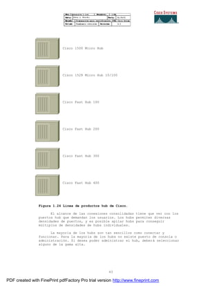 43
Cisco 1500 Micro Hub
Cisco 1528 Micro Hub 10/100
Cisco Fast Hub 100
Cisco Fast Hub 200
Cisco Fast Hub 300
Cisco Fast Hub 400
Figura 1.24 Línea de productos hub de Cisco.
El alcance de las conexiones consolidadas tiene que ver con los
puertos hub que demandan los usuarios. Los hubs permiten diversas
densidades de puertos, y es posible apilar hubs para conseguir
múltiplos de densidades de hubs individuales.
La mayoría de los hubs son tan sencillos como conectar y
funcionar. Para la mayoría de los hubs no existe puerto de consola o
administración. Si desea poder administrar el hub, deberá seleccionar
alguno de la gama alta.
PDF created with FinePrint pdfFactory Pro trial version http://www.fineprint.com
 
