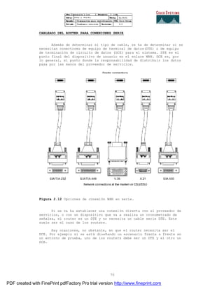 70
CABLEADO DEL ROUTER PARA CONEXIONES SERIE
Además de determinar el tipo de cable, se ha de determinar si se
necesitan conectores de equipo de terminal de datos(DTE) o de equipo
de terminación de circuito de datos (DCE) para el sistema. DTE es el
punto final del dispositivo de usuario en el enlace WAN. DCE es, por
lo general, el punto donde la responsabilidad de distribuir los datos
pasa por las manos del proveedor de servicios.
Figura 2.12 Opciones de conexión WAN en serie.
Si se va ha establecer una conexión directa con el proveedor de
servicios, o con un dispositivo que va a realiza un cronometrado de
señales, el router es un DTE y no necesita un cable serie DTE. Este
suele ser el caso de los routers.
Hay ocasiones, no obstante, en que el router necesita ser el
DCE. Por ejemplo si se está diseñando un escenario frente a frente en
un entorno de prueba, uno de los routers debe ser un DTE y el otro un
DCE.
PDF created with FinePrint pdfFactory Pro trial version http://www.fineprint.com
 