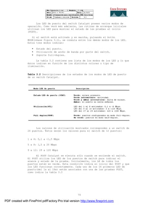 79
Los LED de puerto del switch Catalyst poseen varios modos de
operación. Como verá más adelante, las rutinas de arranque iniciales
utilizan los LED para mostrar el estado de las pruebas al inicio
(POST).
Si el switch está activado y en marcha, pulsando el botón
MODE(véase figura 3.1), se conmuta entre los demás modos de los LED.
Estos tres modos indican:
• Estado del puerto.
• Utilización de ancho de banda por parte del switch.
• Soporte full-duplex.
La tabla 3.2 contiene una lista de los modos de los LED y lo que
éstos indican en función de los distintos colores o tipo de
iluminación.
Tabla 3.2 Descripciones de los estados de los modos de LED de puerto
de un switch Catalyst.
Los valores de utilización mostrados corresponden a un switch de
24 puertos. Éstos serán los valores para el switch de 12 puertos:
1 a 4: 0,1 a <1,5 Mbps
5 a 8: 1,5 a 20 Mbps
9 a 12: 29 a 120 Mbps
El POST Catalyst se ejecuta sólo cuando se enciende el switch.
El POST utiliza los LED de los puertos de switch para indicar el
avance y estado de la prueba. Inicialmente, los LE de todos los
puertos están en verde. Esta condición indica el inicio del POST y que
los LED funcionan correctamente. Cada uno de los 16 primeros LED de
puerto(del 1x al 16x) están asociados con una de las pruebas POST,
como indica la tabla 3.3
PDF created with FinePrint pdfFactory Pro trial version http://www.fineprint.com
 