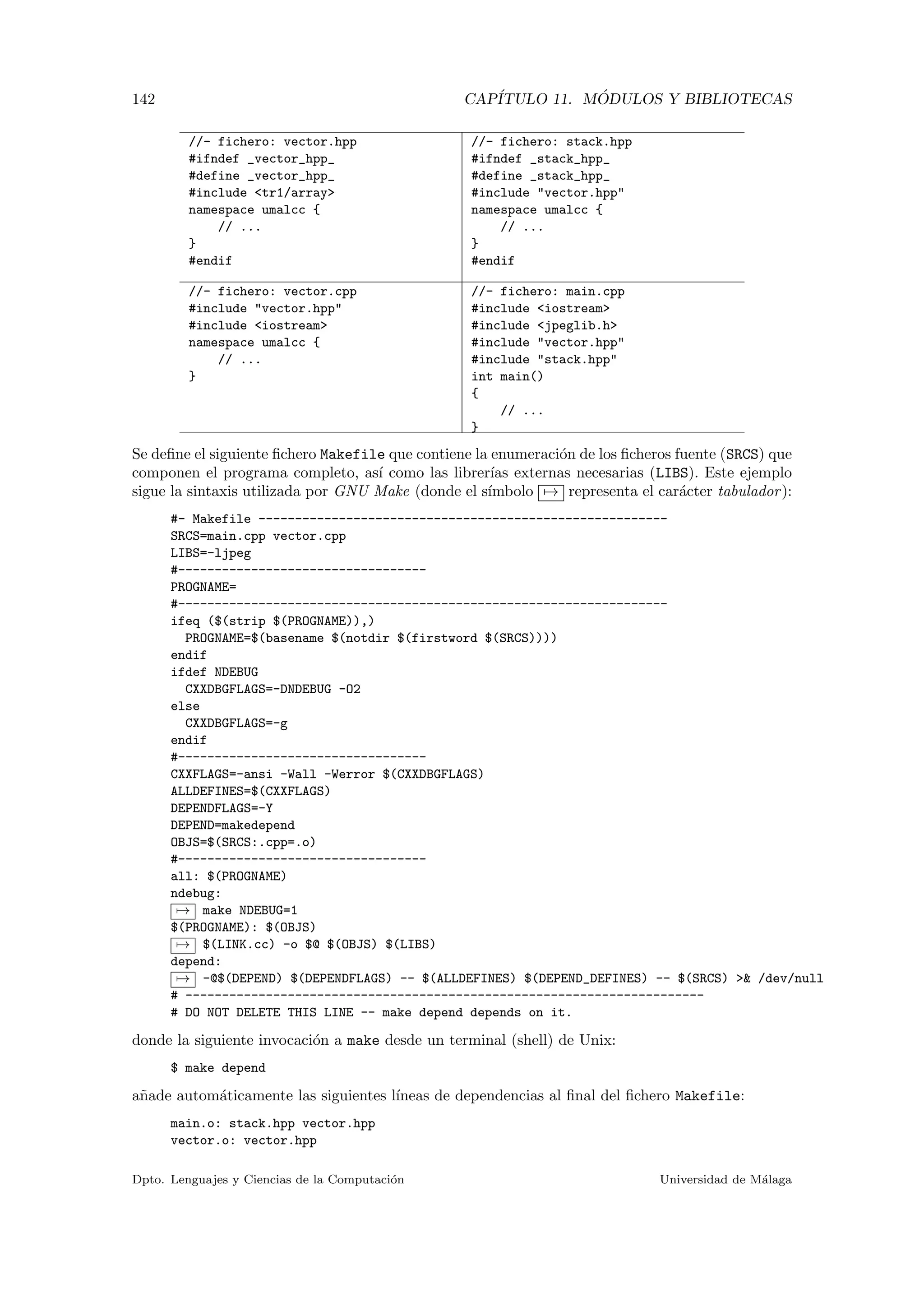 142 CAP´ITULO 11. M ´ODULOS Y BIBLIOTECAS
//- fichero: vector.hpp
#ifndef _vector_hpp_
#define _vector_hpp_
#include <tr1/array>
namespace umalcc {
// ...
}
#endif
//- fichero: stack.hpp
#ifndef _stack_hpp_
#define _stack_hpp_
#include "vector.hpp"
namespace umalcc {
// ...
}
#endif
//- fichero: vector.cpp
#include "vector.hpp"
#include <iostream>
namespace umalcc {
// ...
}
//- fichero: main.cpp
#include <iostream>
#include <jpeglib.h>
#include "vector.hpp"
#include "stack.hpp"
int main()
{
// ...
}
Se deﬁne el siguiente ﬁchero Makefile que contiene la enumeraci´on de los ﬁcheros fuente (SRCS) que
componen el programa completo, as´ı como las librer´ıas externas necesarias (LIBS). Este ejemplo
sigue la sintaxis utilizada por GNU Make (donde el s´ımbolo → representa el car´acter tabulador):
#- Makefile --------------------------------------------------------
SRCS=main.cpp vector.cpp
LIBS=-ljpeg
#----------------------------------
PROGNAME=
#-------------------------------------------------------------------
ifeq ($(strip $(PROGNAME)),)
PROGNAME=$(basename $(notdir $(firstword $(SRCS))))
endif
ifdef NDEBUG
CXXDBGFLAGS=-DNDEBUG -O2
else
CXXDBGFLAGS=-g
endif
#----------------------------------
CXXFLAGS=-ansi -Wall -Werror $(CXXDBGFLAGS)
ALLDEFINES=$(CXXFLAGS)
DEPENDFLAGS=-Y
DEPEND=makedepend
OBJS=$(SRCS:.cpp=.o)
#----------------------------------
all: $(PROGNAME)
ndebug:
→ make NDEBUG=1
$(PROGNAME): $(OBJS)
→ $(LINK.cc) -o $@ $(OBJS) $(LIBS)
depend:
→ -@$(DEPEND) $(DEPENDFLAGS) -- $(ALLDEFINES) $(DEPEND_DEFINES) -- $(SRCS) >& /dev/null
# -----------------------------------------------------------------------
# DO NOT DELETE THIS LINE -- make depend depends on it.
donde la siguiente invocaci´on a make desde un terminal (shell) de Unix:
$ make depend
a˜nade autom´aticamente las siguientes l´ıneas de dependencias al ﬁnal del ﬁchero Makefile:
main.o: stack.hpp vector.hpp
vector.o: vector.hpp
Dpto. Lenguajes y Ciencias de la Computaci´on Universidad de M´alaga
 