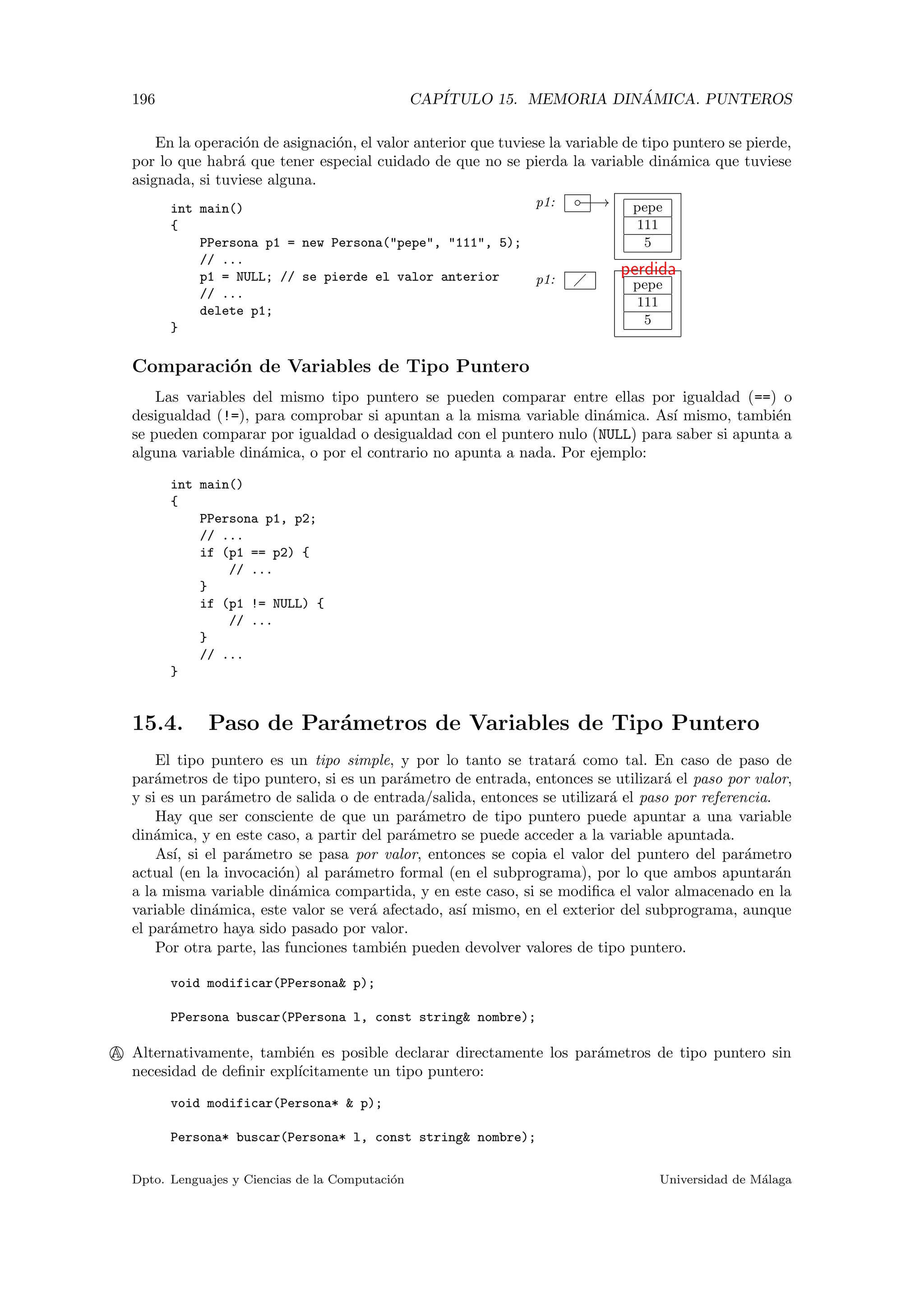 196 CAP´ITULO 15. MEMORIA DIN ´AMICA. PUNTEROS
En la operaci´on de asignaci´on, el valor anterior que tuviese la variable de tipo puntero se pierde,
por lo que habr´a que tener especial cuidado de que no se pierda la variable din´amica que tuviese
asignada, si tuviese alguna.
p1: −−→◦ pepe
111
5
p1: pepe
111
5
perdida
int main()
{
PPersona p1 = new Persona("pepe", "111", 5);
// ...
p1 = NULL; // se pierde el valor anterior
// ...
delete p1;
}
Comparaci´on de Variables de Tipo Puntero
Las variables del mismo tipo puntero se pueden comparar entre ellas por igualdad (==) o
desigualdad (!=), para comprobar si apuntan a la misma variable din´amica. As´ı mismo, tambi´en
se pueden comparar por igualdad o desigualdad con el puntero nulo (NULL) para saber si apunta a
alguna variable din´amica, o por el contrario no apunta a nada. Por ejemplo:
int main()
{
PPersona p1, p2;
// ...
if (p1 == p2) {
// ...
}
if (p1 != NULL) {
// ...
}
// ...
}
15.4. Paso de Par´ametros de Variables de Tipo Puntero
El tipo puntero es un tipo simple, y por lo tanto se tratar´a como tal. En caso de paso de
par´ametros de tipo puntero, si es un par´ametro de entrada, entonces se utilizar´a el paso por valor,
y si es un par´ametro de salida o de entrada/salida, entonces se utilizar´a el paso por referencia.
Hay que ser consciente de que un par´ametro de tipo puntero puede apuntar a una variable
din´amica, y en este caso, a partir del par´ametro se puede acceder a la variable apuntada.
As´ı, si el par´ametro se pasa por valor, entonces se copia el valor del puntero del par´ametro
actual (en la invocaci´on) al par´ametro formal (en el subprograma), por lo que ambos apuntar´an
a la misma variable din´amica compartida, y en este caso, si se modiﬁca el valor almacenado en la
variable din´amica, este valor se ver´a afectado, as´ı mismo, en el exterior del subprograma, aunque
el par´ametro haya sido pasado por valor.
Por otra parte, las funciones tambi´en pueden devolver valores de tipo puntero.
void modificar(PPersona& p);
PPersona buscar(PPersona l, const string& nombre);
A Alternativamente, tambi´en es posible declarar directamente los par´ametros de tipo puntero sin
necesidad de deﬁnir expl´ıcitamente un tipo puntero:
void modificar(Persona* & p);
Persona* buscar(Persona* l, const string& nombre);
Dpto. Lenguajes y Ciencias de la Computaci´on Universidad de M´alaga
 