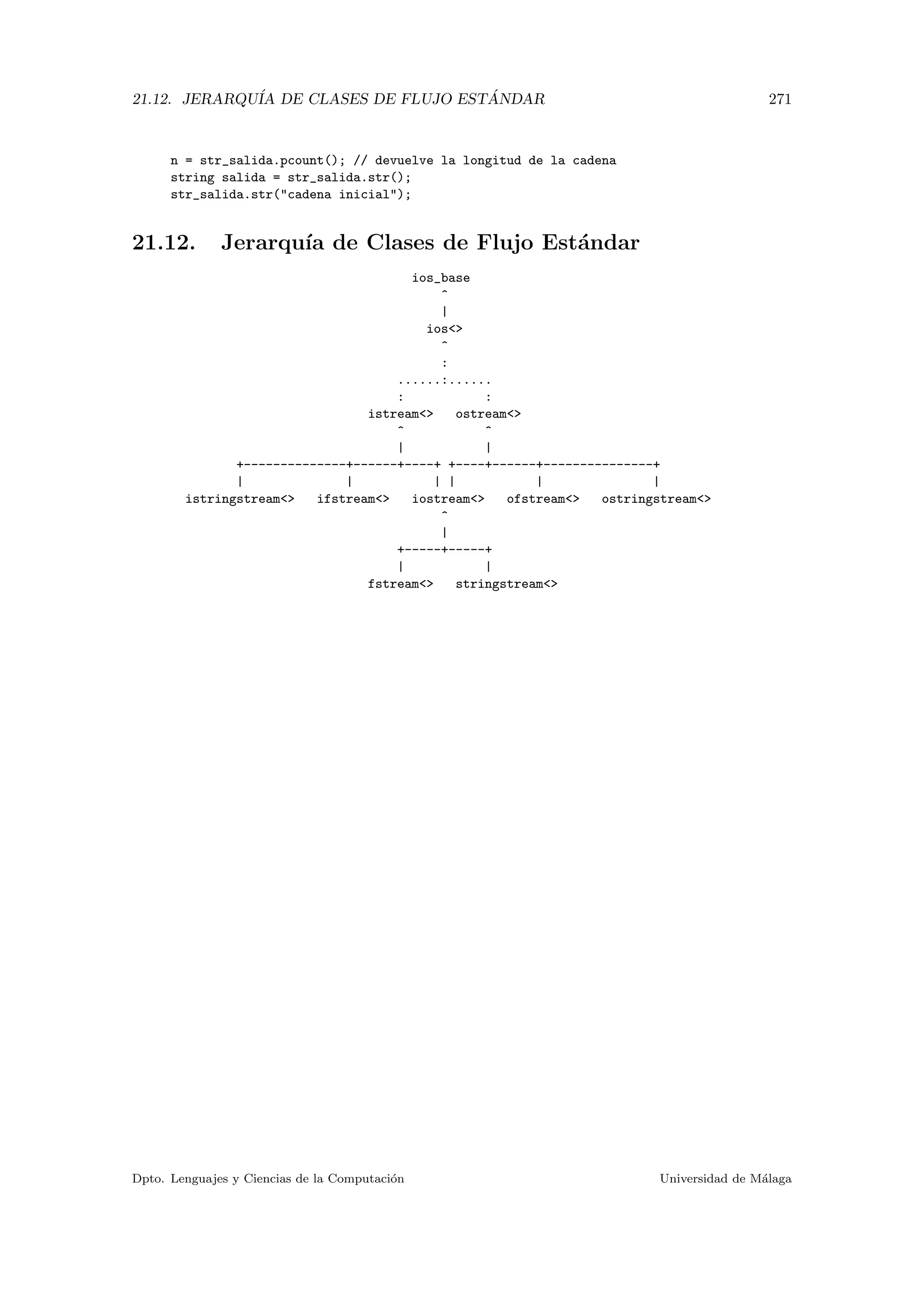21.12. JERARQU´IA DE CLASES DE FLUJO EST ´ANDAR 271
n = str_salida.pcount(); // devuelve la longitud de la cadena
string salida = str_salida.str();
str_salida.str(cadena inicial);
21.12. Jerarqu´ıa de Clases de Flujo Est´andar
ios_base
^
|
ios
^
:
......:......
: :
istream ostream
^ ^
| |
+--------------+------+----+ +----+------+---------------+
| | | | | |
istringstream ifstream iostream ofstream ostringstream
^
|
+-----+-----+
| |
fstream stringstream
Dpto. Lenguajes y Ciencias de la Computaci´on Universidad de M´alaga
 