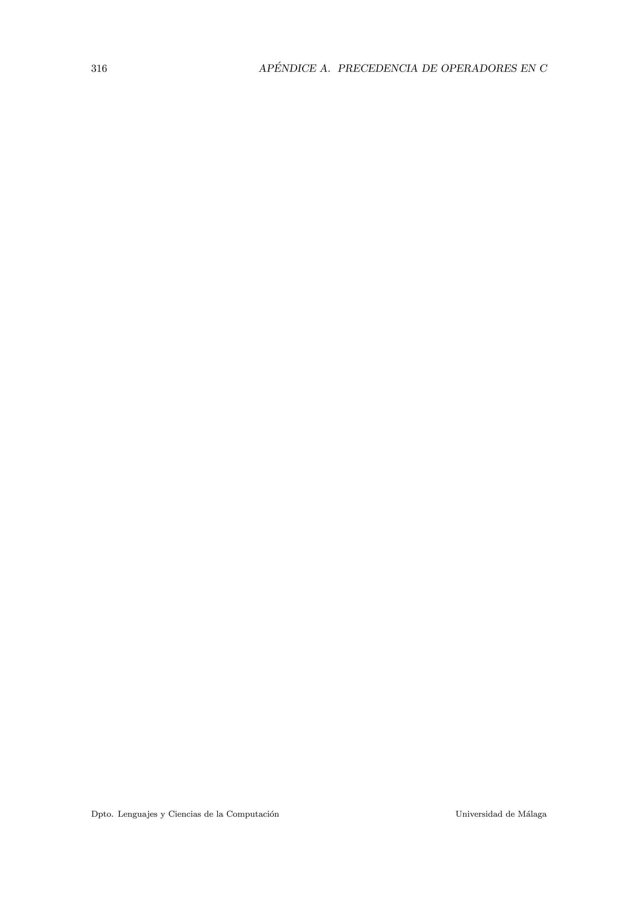 316 AP´ENDICE A. PRECEDENCIA DE OPERADORES EN C
Dpto. Lenguajes y Ciencias de la Computaci´on Universidad de M´alaga
 