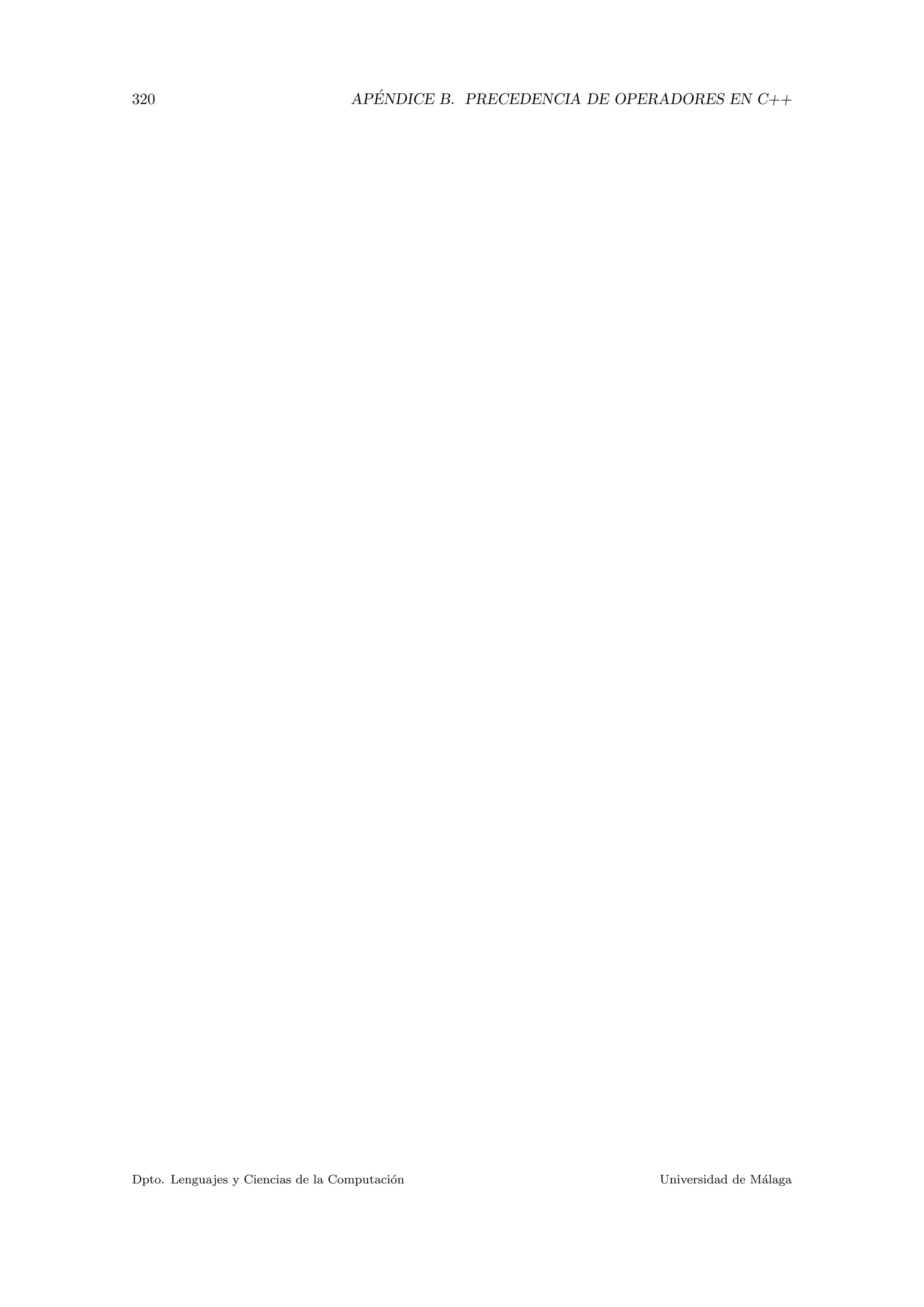 320 AP´ENDICE B. PRECEDENCIA DE OPERADORES EN C++
Dpto. Lenguajes y Ciencias de la Computaci´on Universidad de M´alaga
 