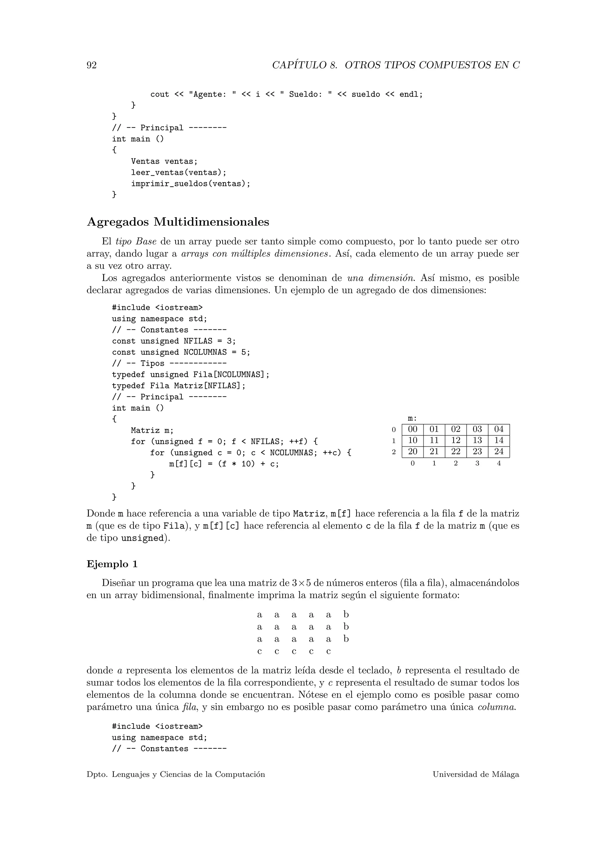 92 CAP´ITULO 8. OTROS TIPOS COMPUESTOS EN C
cout << "Agente: " << i << " Sueldo: " << sueldo << endl;
}
}
// -- Principal --------
int main ()
{
Ventas ventas;
leer_ventas(ventas);
imprimir_sueldos(ventas);
}
Agregados Multidimensionales
El tipo Base de un array puede ser tanto simple como compuesto, por lo tanto puede ser otro
array, dando lugar a arrays con m´ultiples dimensiones. As´ı, cada elemento de un array puede ser
a su vez otro array.
Los agregados anteriormente vistos se denominan de una dimensi´on. As´ı mismo, es posible
declarar agregados de varias dimensiones. Un ejemplo de un agregado de dos dimensiones:
m:
0 00 01 02 03 04
1 10 11 12 13 14
2 20 21 22 23 24
0 1 2 3 4
#include <iostream>
using namespace std;
// -- Constantes -------
const unsigned NFILAS = 3;
const unsigned NCOLUMNAS = 5;
// -- Tipos ------------
typedef unsigned Fila[NCOLUMNAS];
typedef Fila Matriz[NFILAS];
// -- Principal --------
int main ()
{
Matriz m;
for (unsigned f = 0; f < NFILAS; ++f) {
for (unsigned c = 0; c < NCOLUMNAS; ++c) {
m[f][c] = (f * 10) + c;
}
}
}
Donde m hace referencia a una variable de tipo Matriz, m[f] hace referencia a la ﬁla f de la matriz
m (que es de tipo Fila), y m[f][c] hace referencia al elemento c de la ﬁla f de la matriz m (que es
de tipo unsigned).
Ejemplo 1
Dise˜nar un programa que lea una matriz de 3×5 de n´umeros enteros (ﬁla a ﬁla), almacen´andolos
en un array bidimensional, ﬁnalmente imprima la matriz seg´un el siguiente formato:
a a a a a b
a a a a a b
a a a a a b
c c c c c
donde a representa los elementos de la matriz le´ıda desde el teclado, b representa el resultado de
sumar todos los elementos de la ﬁla correspondiente, y c representa el resultado de sumar todos los
elementos de la columna donde se encuentran. N´otese en el ejemplo como es posible pasar como
par´ametro una ´unica ﬁla, y sin embargo no es posible pasar como par´ametro una ´unica columna.
#include <iostream>
using namespace std;
// -- Constantes -------
Dpto. Lenguajes y Ciencias de la Computaci´on Universidad de M´alaga
 