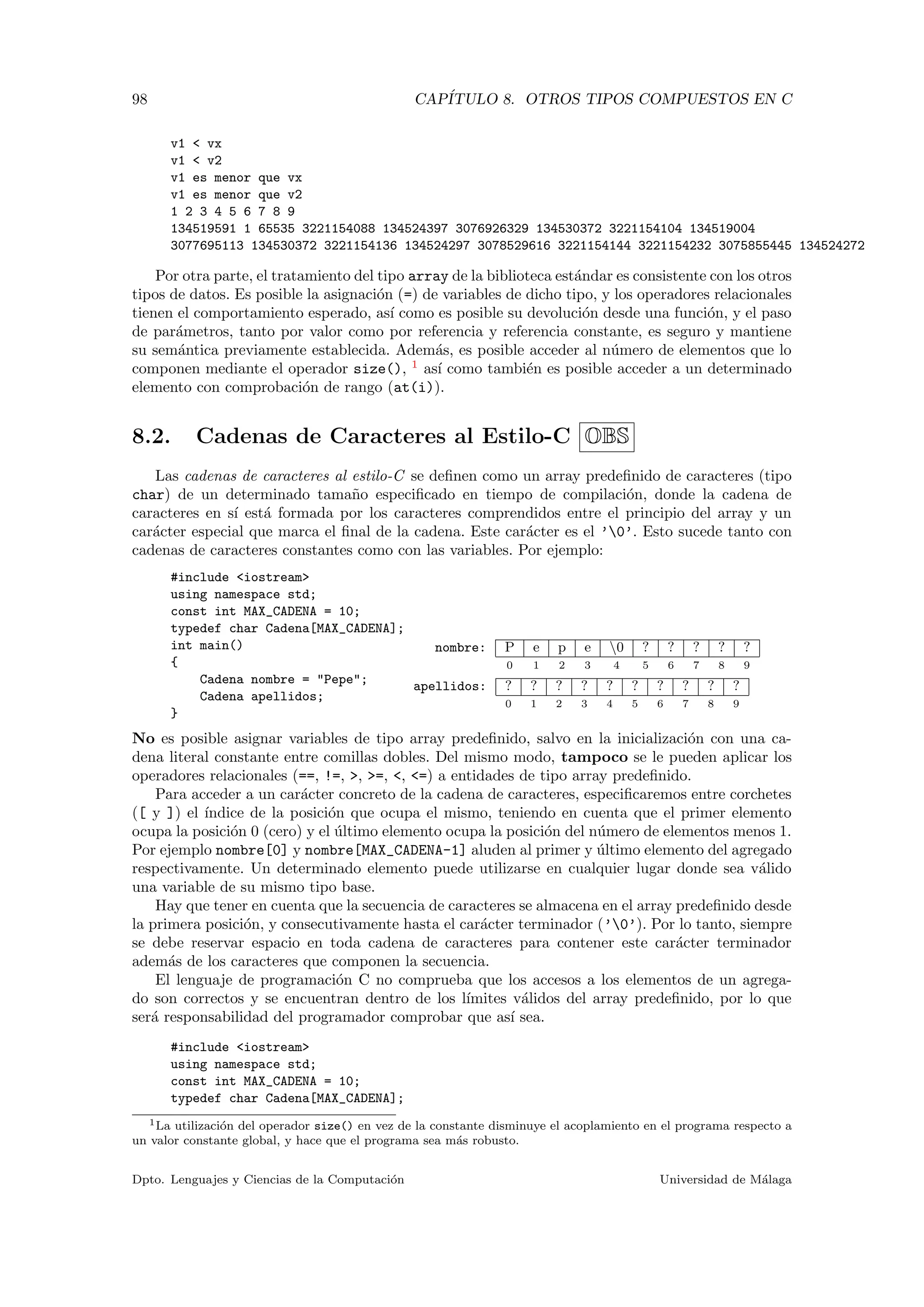 98 CAP´ITULO 8. OTROS TIPOS COMPUESTOS EN C
v1 < vx
v1 < v2
v1 es menor que vx
v1 es menor que v2
1 2 3 4 5 6 7 8 9
134519591 1 65535 3221154088 134524397 3076926329 134530372 3221154104 134519004
3077695113 134530372 3221154136 134524297 3078529616 3221154144 3221154232 3075855445 134524272
Por otra parte, el tratamiento del tipo array de la biblioteca est´andar es consistente con los otros
tipos de datos. Es posible la asignaci´on (=) de variables de dicho tipo, y los operadores relacionales
tienen el comportamiento esperado, as´ı como es posible su devoluci´on desde una funci´on, y el paso
de par´ametros, tanto por valor como por referencia y referencia constante, es seguro y mantiene
su sem´antica previamente establecida. Adem´as, es posible acceder al n´umero de elementos que lo
componen mediante el operador size(), 1
as´ı como tambi´en es posible acceder a un determinado
elemento con comprobaci´on de rango (at(i)).
8.2. Cadenas de Caracteres al Estilo-C OBS
Las cadenas de caracteres al estilo-C se deﬁnen como un array predeﬁnido de caracteres (tipo
char) de un determinado tama˜no especiﬁcado en tiempo de compilaci´on, donde la cadena de
caracteres en s´ı est´a formada por los caracteres comprendidos entre el principio del array y un
car´acter especial que marca el ﬁnal de la cadena. Este car´acter es el ’0’. Esto sucede tanto con
cadenas de caracteres constantes como con las variables. Por ejemplo:
nombre: P e p e 0 ? ? ? ? ?
0 1 2 3 4 5 6 7 8 9
apellidos: ? ? ? ? ? ? ? ? ? ?
0 1 2 3 4 5 6 7 8 9
#include <iostream>
using namespace std;
const int MAX_CADENA = 10;
typedef char Cadena[MAX_CADENA];
int main()
{
Cadena nombre = "Pepe";
Cadena apellidos;
}
No es posible asignar variables de tipo array predeﬁnido, salvo en la inicializaci´on con una ca-
dena literal constante entre comillas dobles. Del mismo modo, tampoco se le pueden aplicar los
operadores relacionales (==, !=, >, >=, <, <=) a entidades de tipo array predeﬁnido.
Para acceder a un car´acter concreto de la cadena de caracteres, especiﬁcaremos entre corchetes
([ y ]) el ´ındice de la posici´on que ocupa el mismo, teniendo en cuenta que el primer elemento
ocupa la posici´on 0 (cero) y el ´ultimo elemento ocupa la posici´on del n´umero de elementos menos 1.
Por ejemplo nombre[0] y nombre[MAX_CADENA-1] aluden al primer y ´ultimo elemento del agregado
respectivamente. Un determinado elemento puede utilizarse en cualquier lugar donde sea v´alido
una variable de su mismo tipo base.
Hay que tener en cuenta que la secuencia de caracteres se almacena en el array predeﬁnido desde
la primera posici´on, y consecutivamente hasta el car´acter terminador (’0’). Por lo tanto, siempre
se debe reservar espacio en toda cadena de caracteres para contener este car´acter terminador
adem´as de los caracteres que componen la secuencia.
El lenguaje de programaci´on C no comprueba que los accesos a los elementos de un agrega-
do son correctos y se encuentran dentro de los l´ımites v´alidos del array predeﬁnido, por lo que
ser´a responsabilidad del programador comprobar que as´ı sea.
#include <iostream>
using namespace std;
const int MAX_CADENA = 10;
typedef char Cadena[MAX_CADENA];
1La utilizaci´on del operador size() en vez de la constante disminuye el acoplamiento en el programa respecto a
un valor constante global, y hace que el programa sea m´as robusto.
Dpto. Lenguajes y Ciencias de la Computaci´on Universidad de M´alaga
 