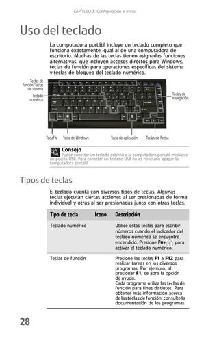 CAPÍTULO 3: Configuración e inicio



Uso del teclado
                   La computadora portátil incluye un teclado completo que
                   funciona exactamente igual al de una computadora de
                   escritorio. Muchas de las teclas tienen asignadas funciones
                   alternativas, que incluyen accesos directos para Windows,
                   teclas de función para operaciones específicas del sistema
                   y teclas de bloqueo del teclado numérico.
     Teclas de
función/Teclas
   de sistema
     Teclado                                                                                   Teclas de
    numérico                                                                                   navegación




                 TeclaFN   Tecla de Windows           Tecla de aplicación   Teclas de flecha

                           Consejo
                         Puede conectar un teclado externo a la computadora portátil mediante
                   un puerto USB. Para conectar un teclado USB no es necesario apagar la
                   computadora portátil.



Tipos de teclas
                   El teclado cuenta con diversos tipos de teclas. Algunas
                   teclas ejecutan ciertas acciones al ser presionadas de forma
                   individual y otras al ser presionadas junto con otras teclas.

                   Tipo de tecla              Icono      Descripción
                   Teclado numérico                      Utilice estas teclas para escribir
                                                         números cuando el indicador del
                                                         teclado numérico se encuentre
                                                         encendido. Presione FN+ 1 para
                                                         activar el teclado numérico.

                   Teclas de función                     Presione las teclas F1 a F12 para
                                                         realizar tareas en los diversos
                                                         programas. Por ejemplo, al
                                                         presionar F1, se abre la opción
                                                         de ayuda.
                                                         Cada programa utiliza las teclas de
                                                         función para fines distintos. Para
                                                         obtener más información acerca
                                                         de las teclas de función, consulte la
                                                         documentación de los programas.



28
 