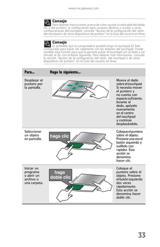www.mx.gateway.com



                     Consejo
                       Para obtener instrucciones acerca de cómo ajustar la velocidad del doble
               clic y del puntero, la configuración para usuarios diestros o zurdos y otras
               configuraciones del touchpad, consulte “Ajustes de la configuración del ratón,
               del touchpad o de otros dispositivos de puntero” en la Guía del usuario en línea.

                     Consejo
                      Es probable que la computadora portátil tenga el touchpad EZ Pad
               configurado para hacer clic solamente con los botones del touchpad. Puede
               cambiar esta función para que le permita pulsar el touchpad con el dedo y así
               simular el clic con el botón izquierdo. Para obtener más información, consulte
               la sección “Ajustes de la configuración del ratón, del touchpad o de otros
               dispositivos de puntero” en la Guía del usuario en línea.


Para...             Haga lo siguiente...
Desplazar el                                                            Mueva el dedo
puntero por                                                             sobre el touchpad.
la pantalla.                                                            Si necesita mover
                                                                        el puntero y
                                                                        no cuenta con
                                                                        espacio suficiente,
                                                                        levante el
                                                                        dedo, apóyelo
                                                                        nuevamente
                                                                        en el centro
                                                                        del touchpad
                                                                        y continúe
                                                                        desplazándolo.

Seleccionar                                                             Coloque el puntero
un objeto           haga clic                                           sobre el objeto.
en pantalla.                                                            Presione una vez el
                                                                        botón izquierdo y
                                                                        suéltelo con
                                                                        rapidez. Esta
                                                                        acción se
                                                                        denomina
                                                                        hacer clic.

Iniciar un                                                              Coloque el
programa              haga                                              puntero sobre el
o abrir un                                                              objeto. Presione
archivo o           doble clic                                          el botón izquierdo
una carpeta.                                                            dos veces
                                                                        rápidamente.
                                                                        Esta acción se
                                                                        denomina hacer
                                                                        doble clic.




                                                                                          33
 