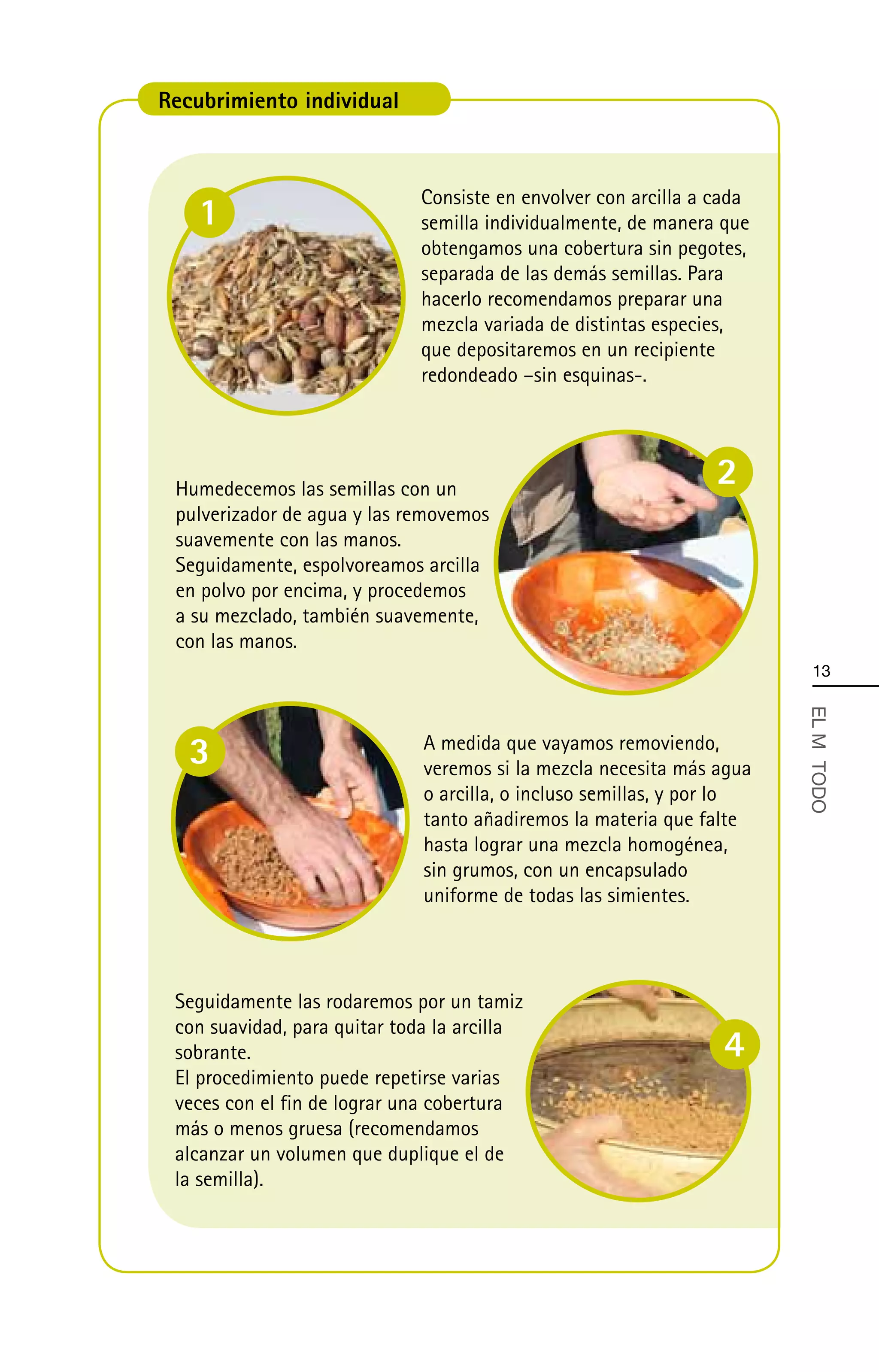 Recubrimiento individual



                             Consiste en envolver con arcilla a cada
    1                        semilla individualmente, de manera que
                             obtengamos una cobertura sin pegotes,
                             separada de las demás semillas. Para
                             hacerlo recomendamos preparar una
                             mezcla variada de distintas especies,
                             que depositaremos en un recipiente
                             redondeado –sin esquinas-.




 Humedecemos las semillas con un
                                                                2
 pulverizador de agua y las removemos
 suavemente con las manos.
 Seguidamente, espolvoreamos arcilla
 en polvo por encima, y procedemos
 a su mezclado, también suavemente,
 con las manos.
                                                                         13




                                                                        EL MÄ TODO
   3                          A medida que vayamos removiendo,
                              veremos si la mezcla necesita más agua
                              o arcilla, o incluso semillas, y por lo
                              tanto añadiremos la materia que falte
                              hasta lograr una mezcla homogénea,
                              sin grumos, con un encapsulado
                              uniforme de todas las simientes.




 Seguidamente las rodaremos por un tamiz
 con suavidad, para quitar toda la arcilla
 sobrante.                                                       4
 El procedimiento puede repetirse varias
 veces con el fin de lograr una cobertura
 más o menos gruesa (recomendamos
 alcanzar un volumen que duplique el de
 la semilla).
 