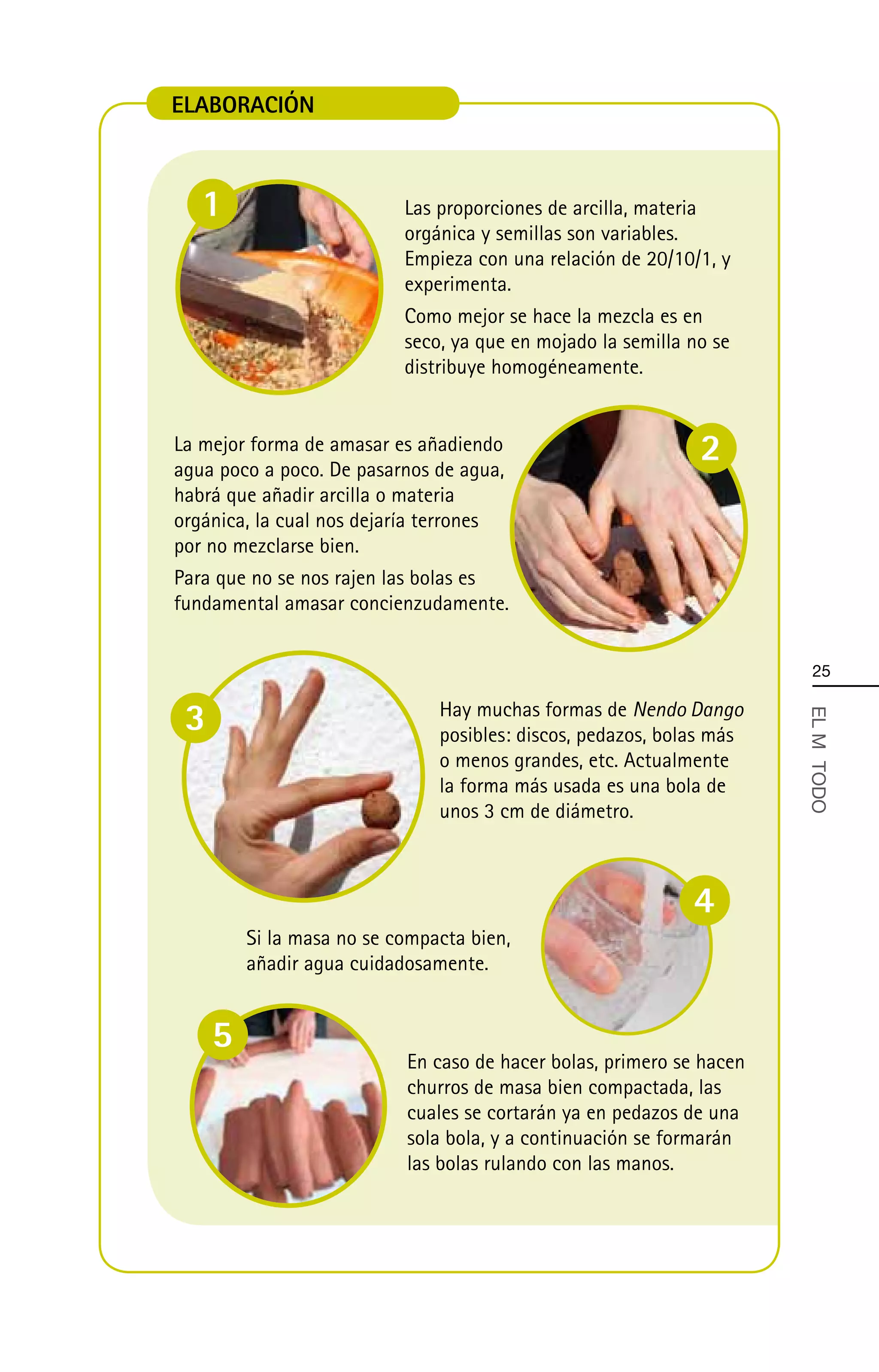 ELABORACIÓN



   1                       Las proporciones de arcilla, materia
                           orgánica y semillas son variables.
                           Empieza con una relación de 20/10/1, y
                           experimenta.
                           Como mejor se hace la mezcla es en
                           seco, ya que en mojado la semilla no se
                           distribuye homogéneamente.


La mejor forma de amasar es añadiendo
agua poco a poco. De pasarnos de agua,
                                                              2
habrá que añadir arcilla o materia
orgánica, la cual nos dejaría terrones
por no mezclarse bien.
Para que no se nos rajen las bolas es
fundamental amasar concienzudamente.


                                                                       25


 3                             Hay muchas formas de Nendo Dango



                                                                      EL MÄ TODO
                               posibles: discos, pedazos, bolas más
                               o menos grandes, etc. Actualmente
                               la forma más usada es una bola de
                               unos 3 cm de diámetro.



                                                             4
         Si la masa no se compacta bien,
         añadir agua cuidadosamente.


     5
                           En caso de hacer bolas, primero se hacen
                           churros de masa bien compactada, las
                           cuales se cortarán ya en pedazos de una
                           sola bola, y a continuación se formarán
                           las bolas rulando con las manos.
 